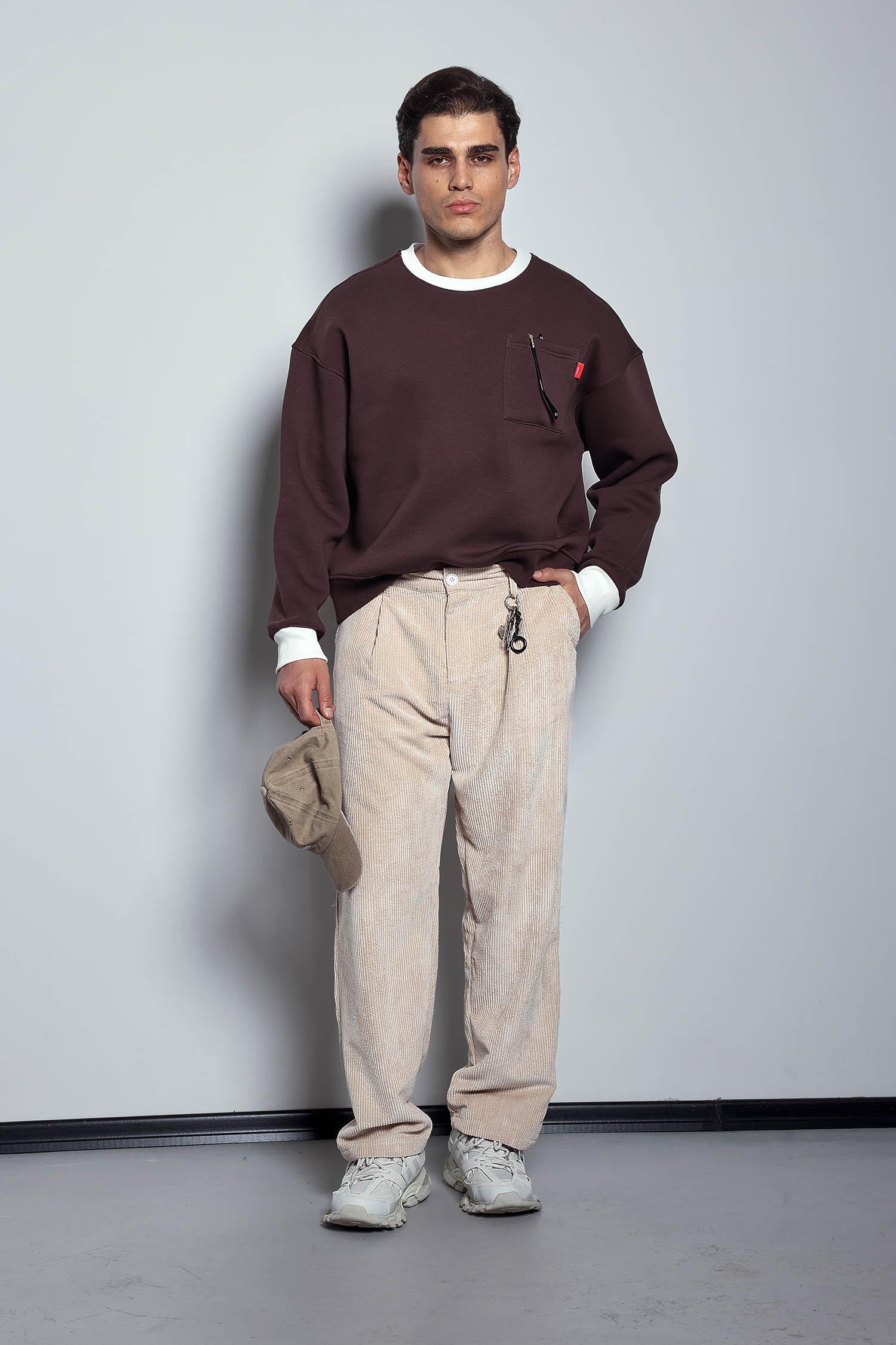 Erkek Oversize Kontrast Detaylı Sweatshirt Kahverengi