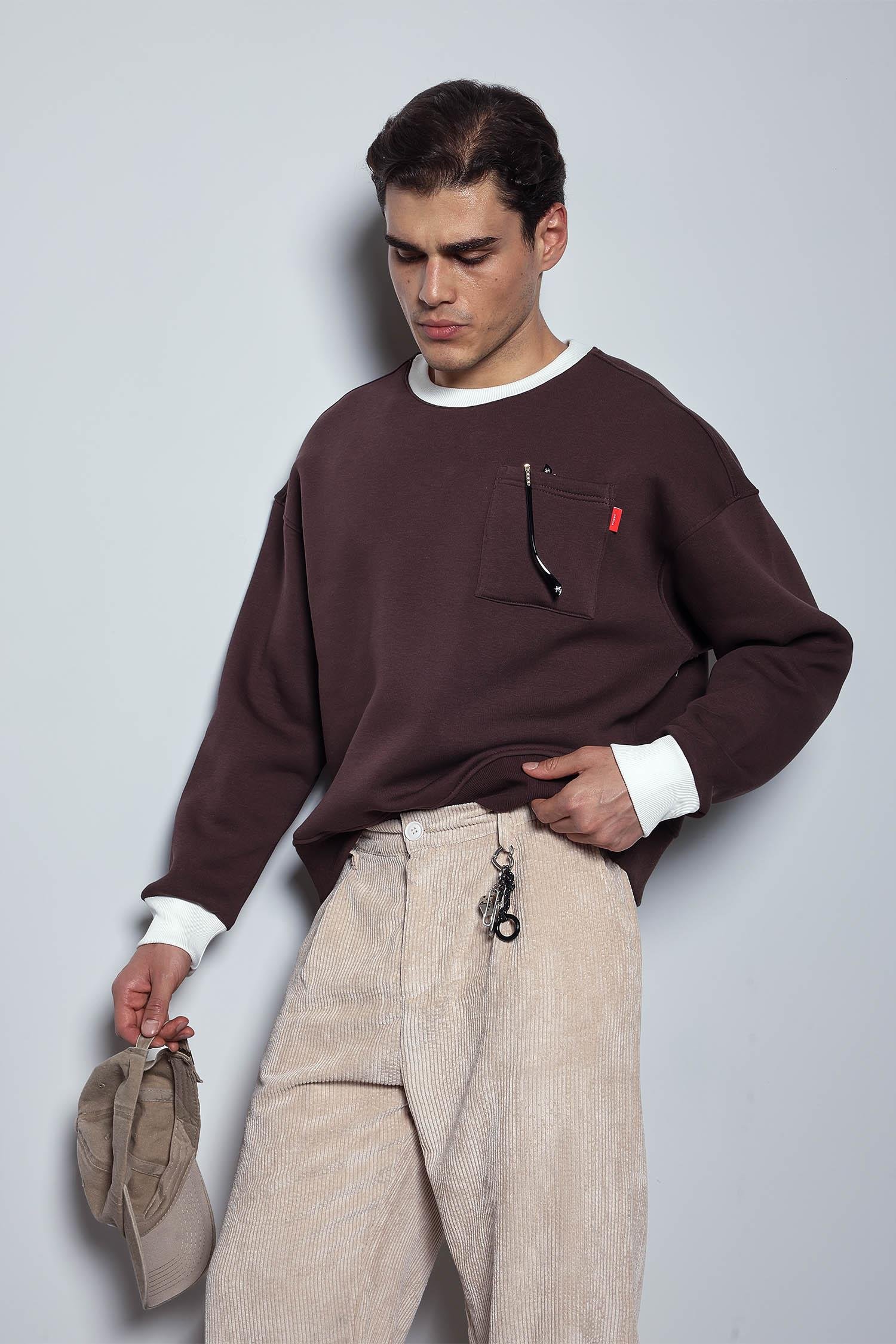 Erkek Oversize Kontrast Detaylı Sweatshirt Kahverengi