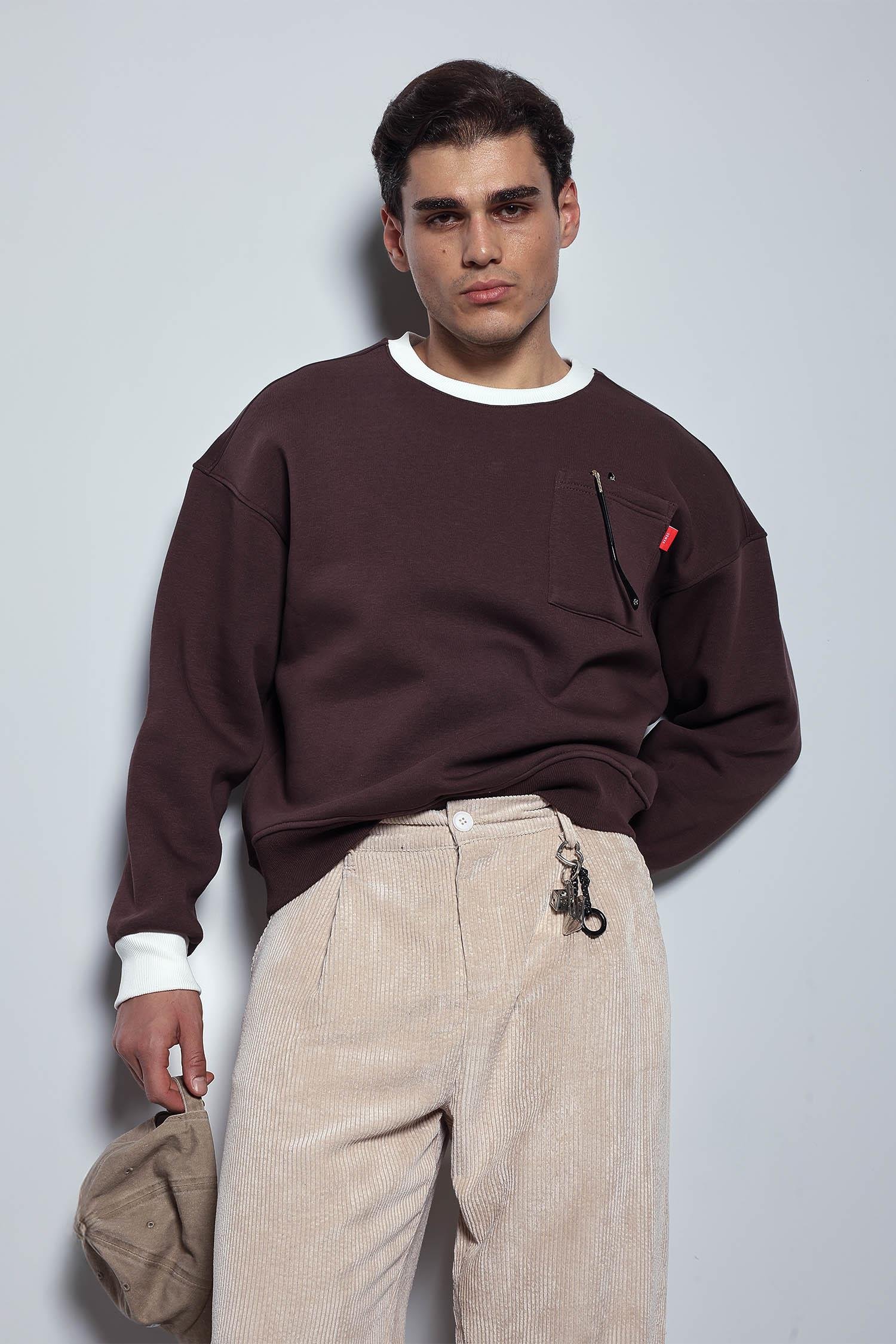 Erkek Oversize Kontrast Detaylı Sweatshirt Kahverengi