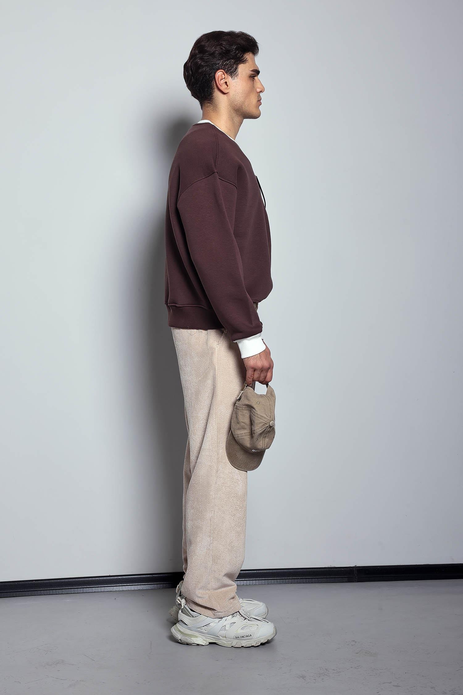 Erkek Oversize Kontrast Detaylı Sweatshirt Kahverengi