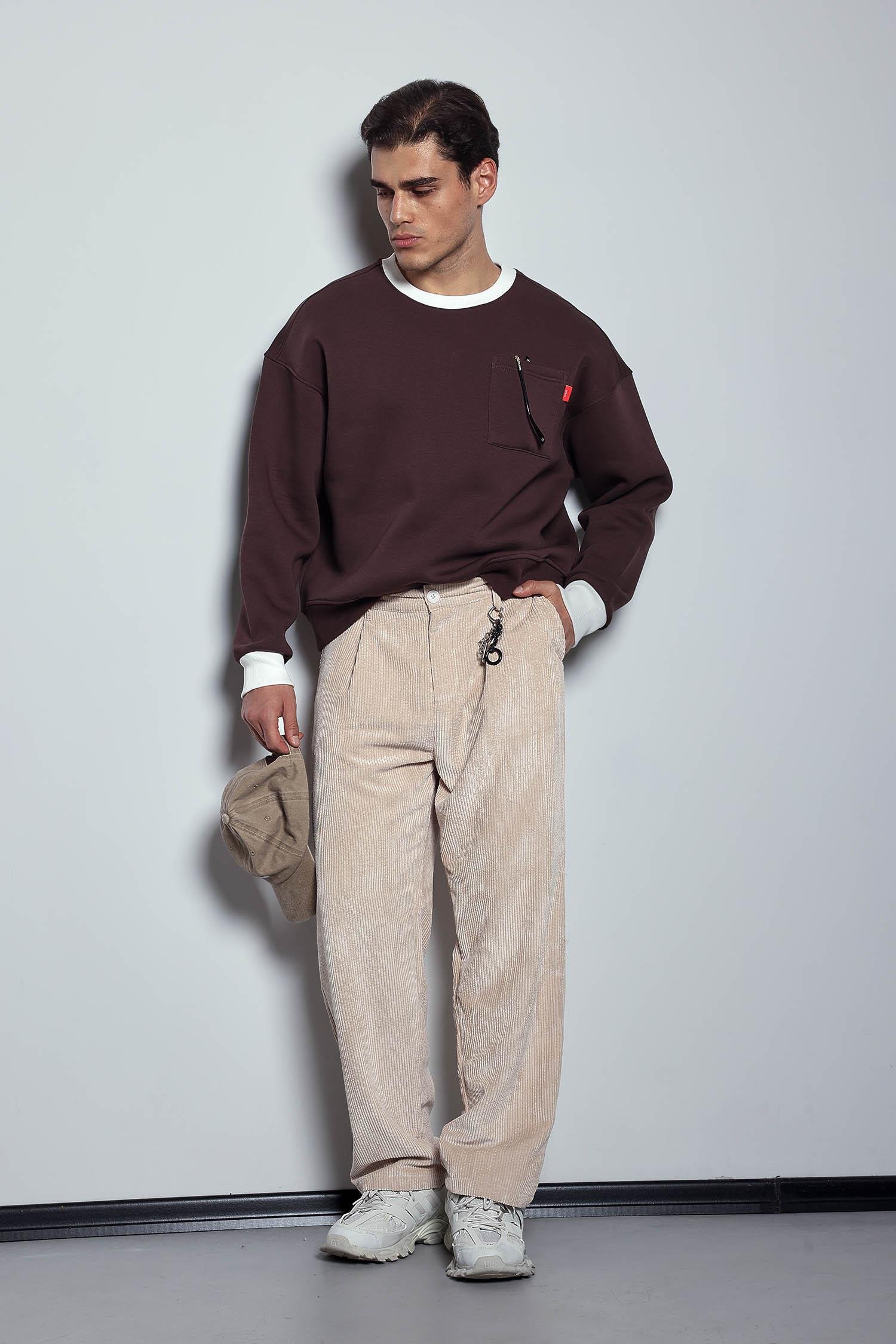 Erkek Oversize Kontrast Detaylı Sweatshirt Kahverengi