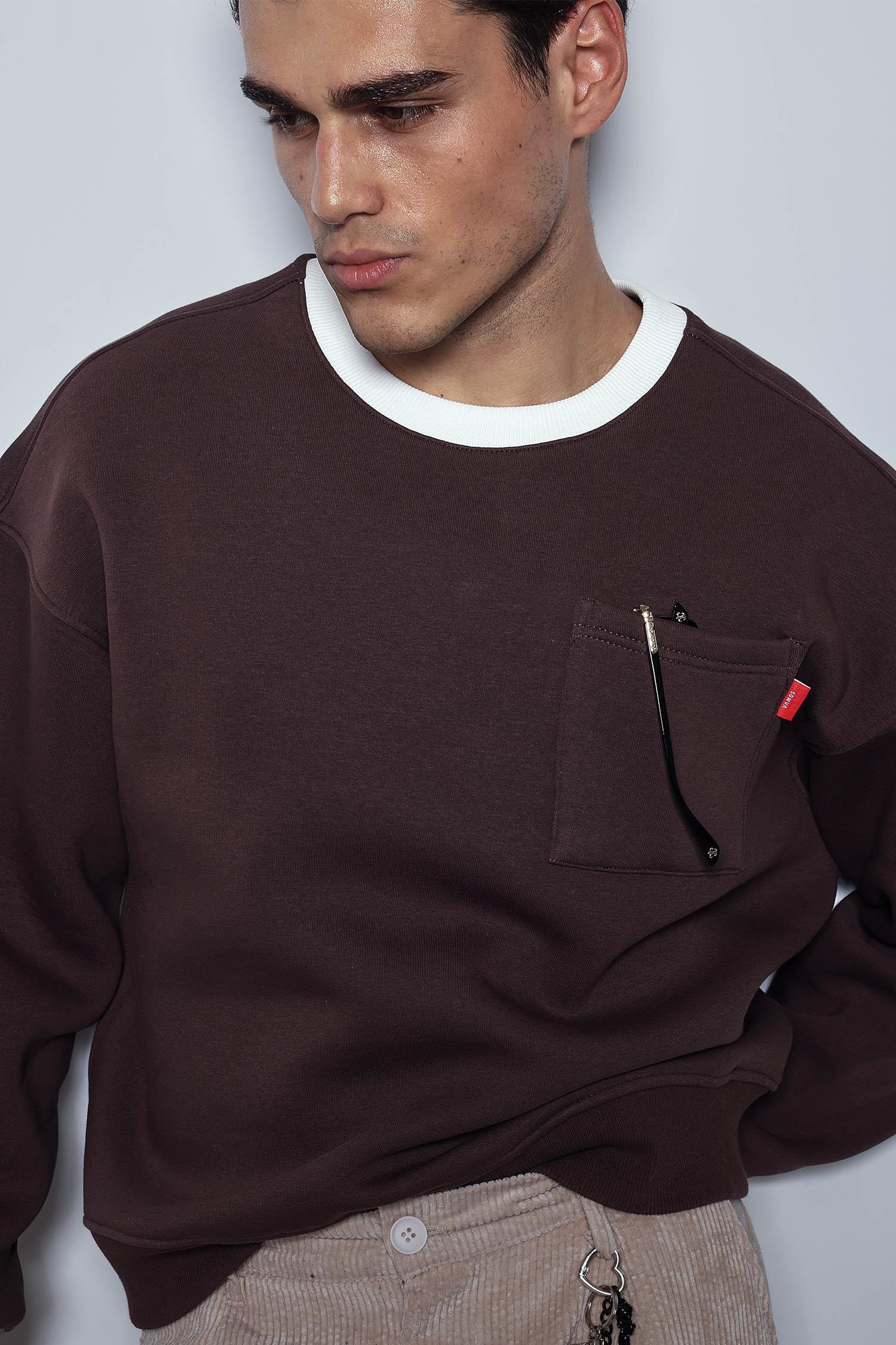 Erkek Oversize Kontrast Detaylı Sweatshirt Kahverengi