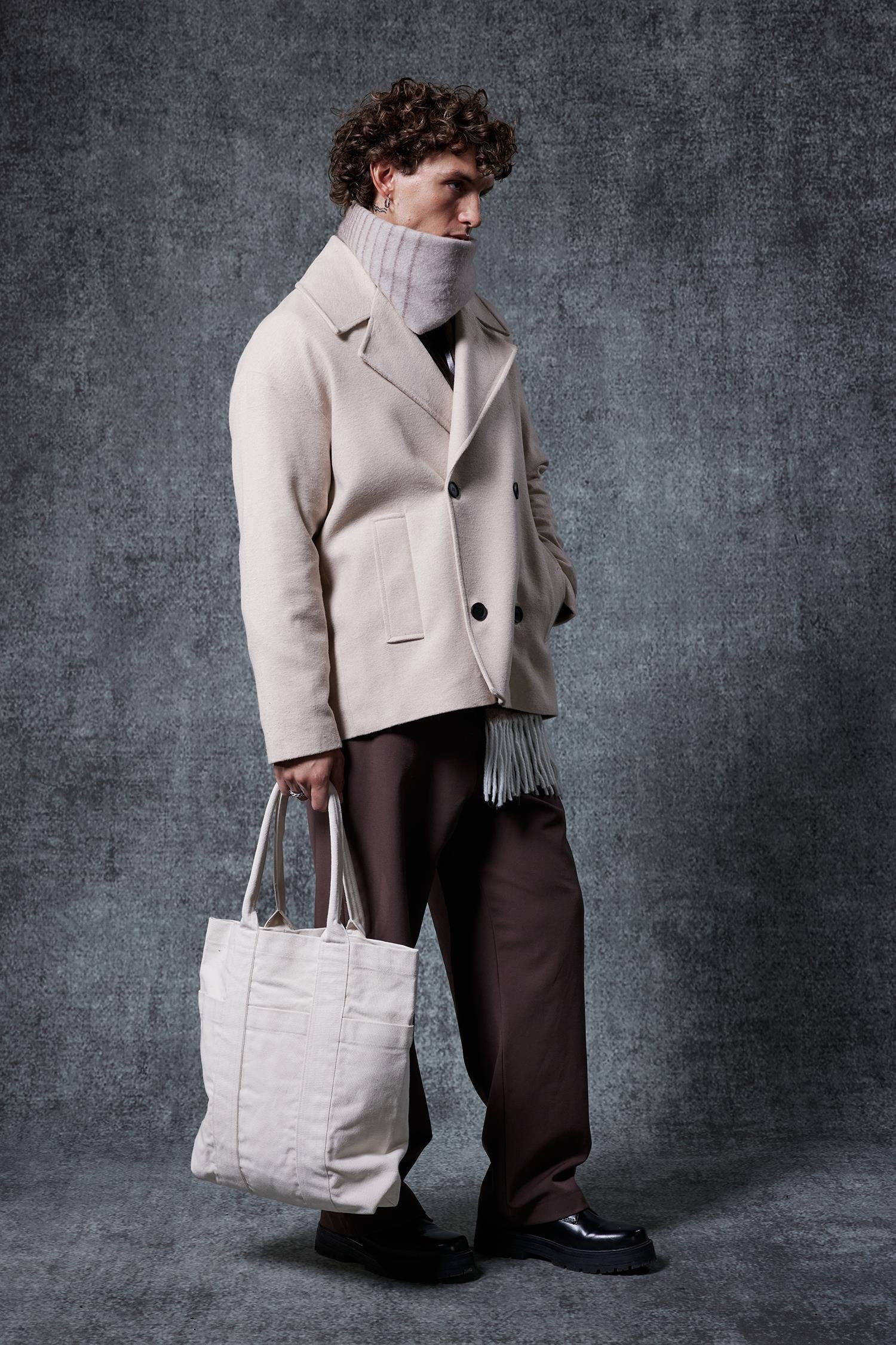 Erkek Oversize Kruvaze Kaban Açık Bej