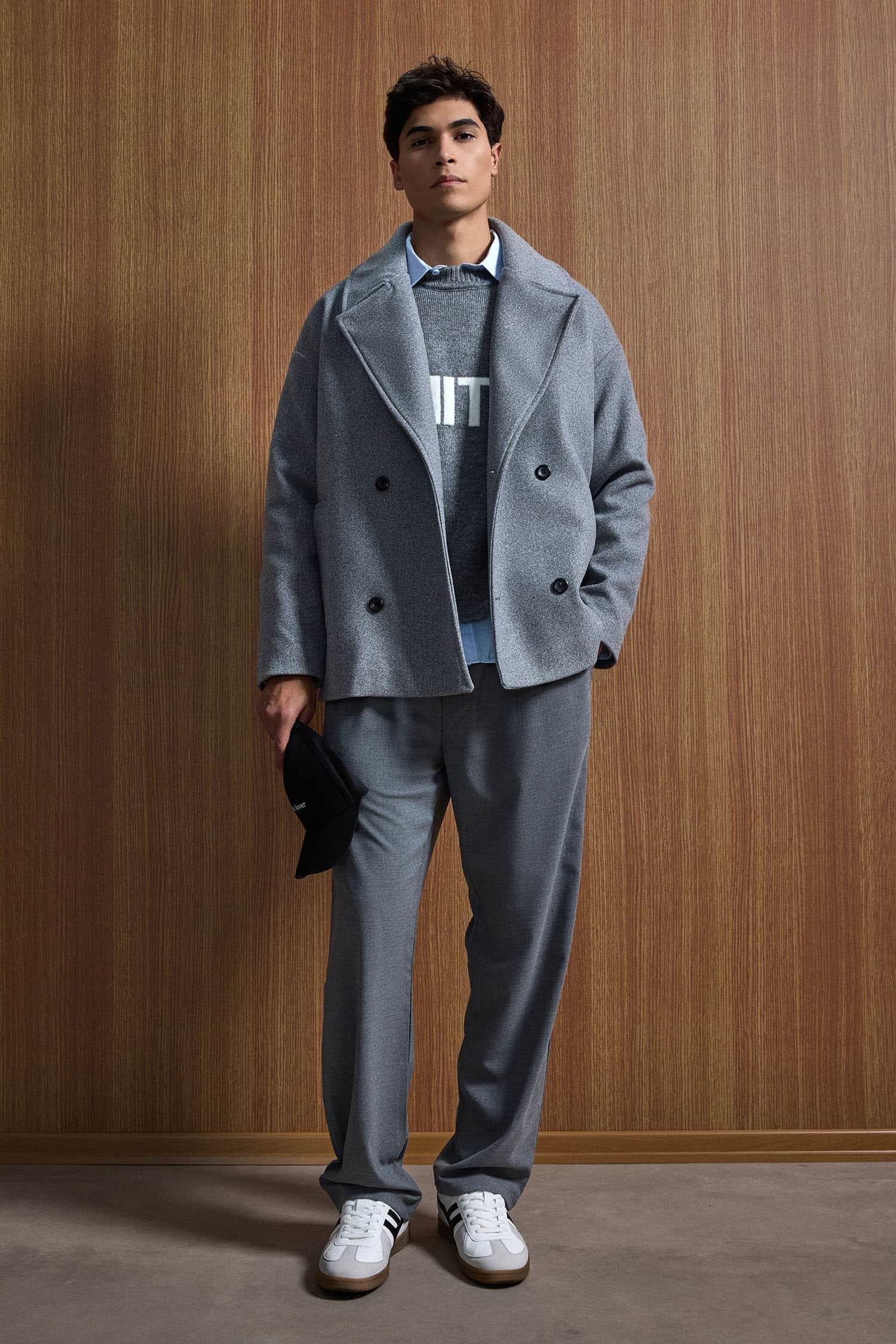 Erkek Oversize Kruvaze Kaban Koyu Gri