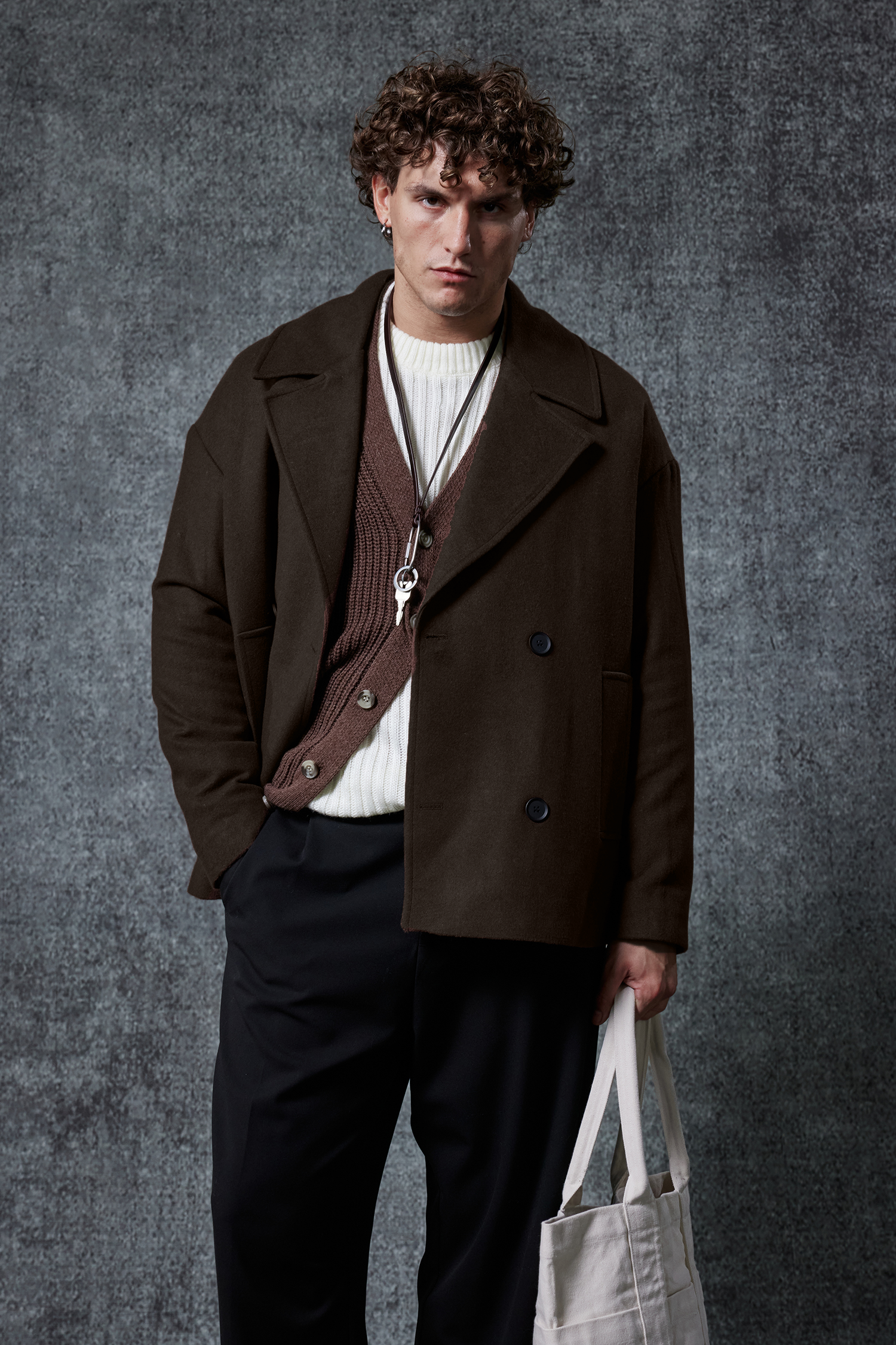 Erkek Oversize Kruvaze Kaban Koyu Kahve