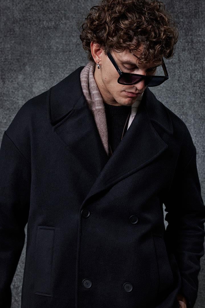 Erkek Oversize Kruvaze Kaban Siyah