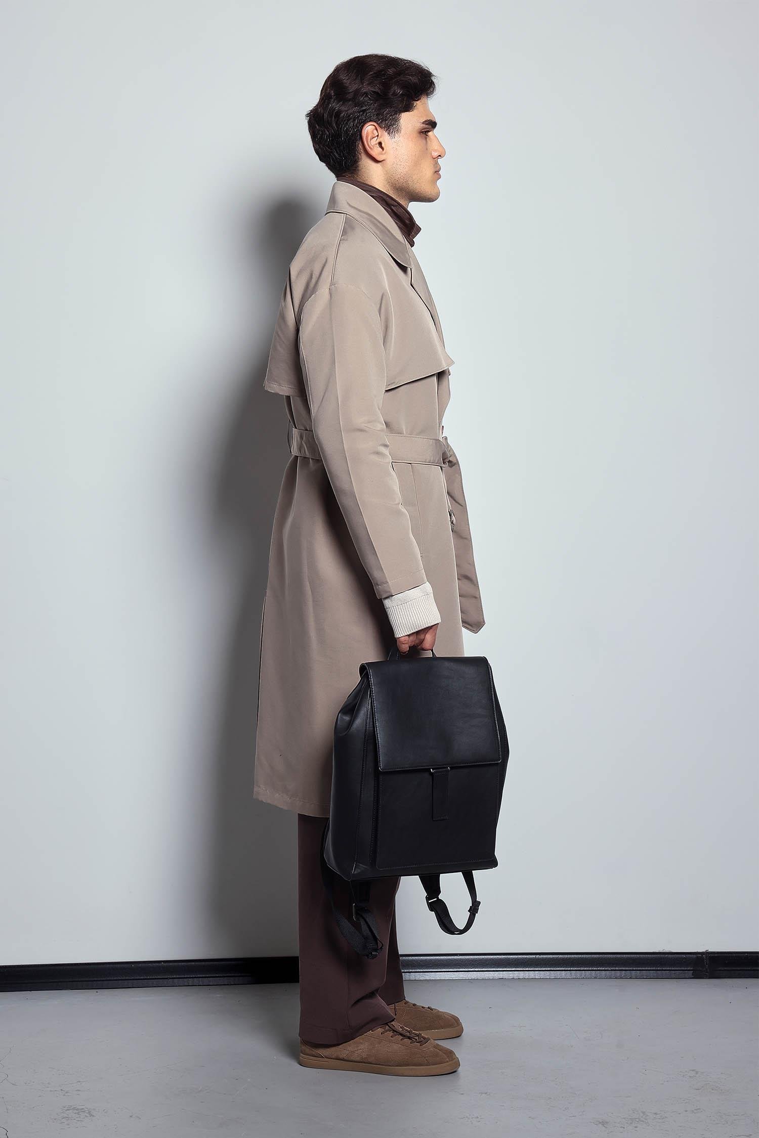 Erkek Oversize Kruvaze Kuşaklı Trençkot Bej