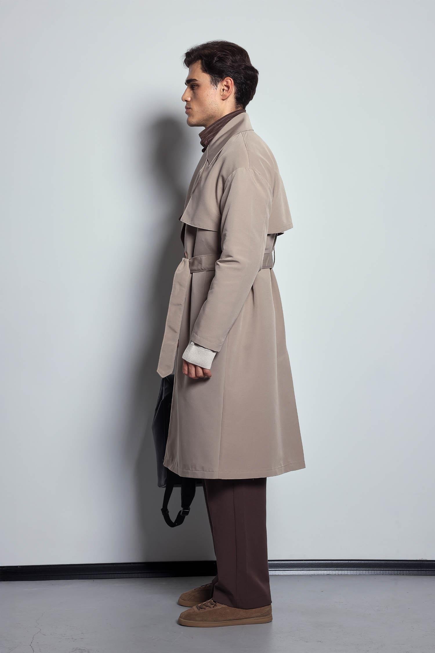 Erkek Oversize Kruvaze Kuşaklı Trençkot Bej