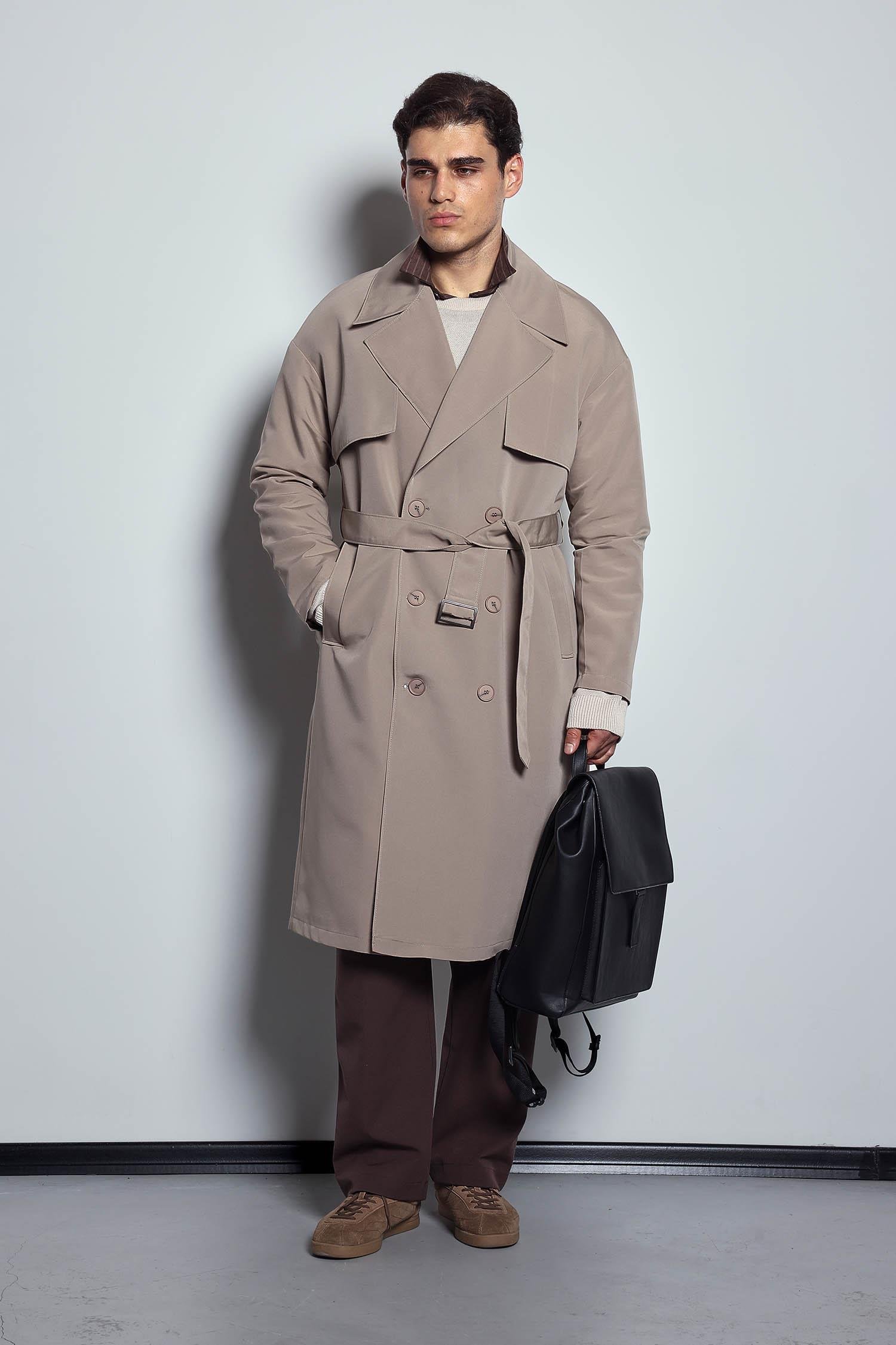 Erkek Oversize Kruvaze Kuşaklı Trençkot Bej