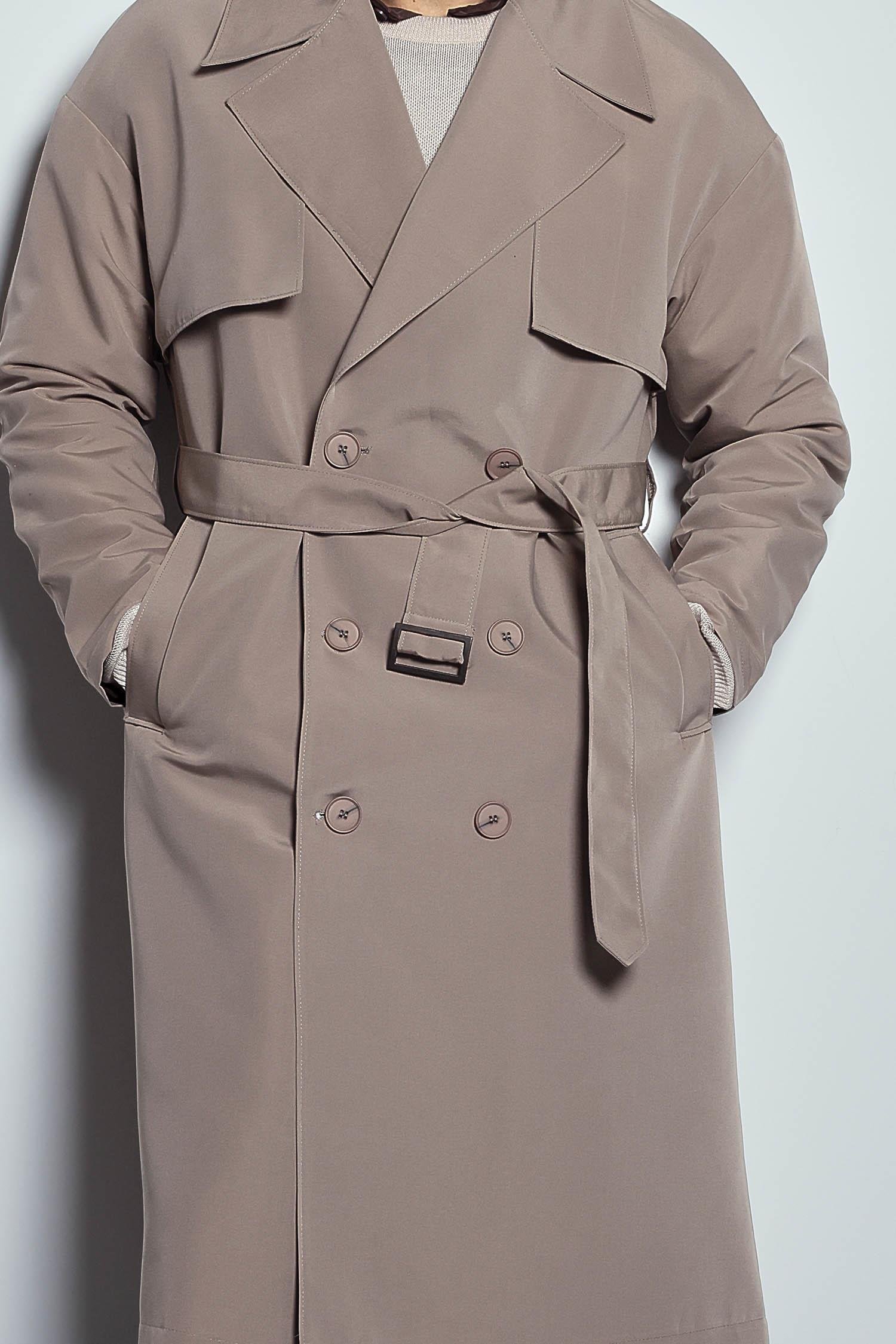 Erkek Oversize Kruvaze Kuşaklı Trençkot Bej