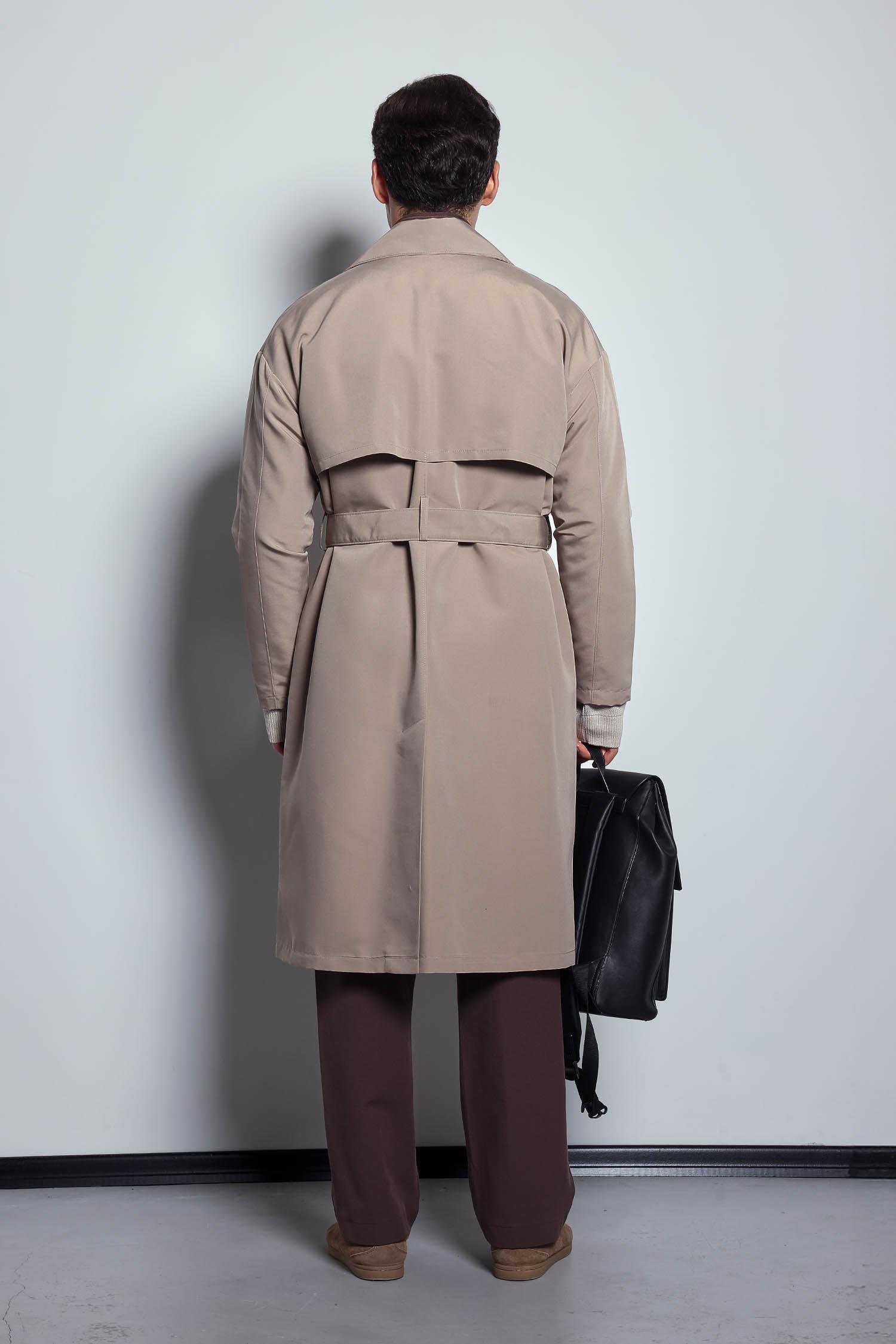 Erkek Oversize Kruvaze Kuşaklı Trençkot Bej