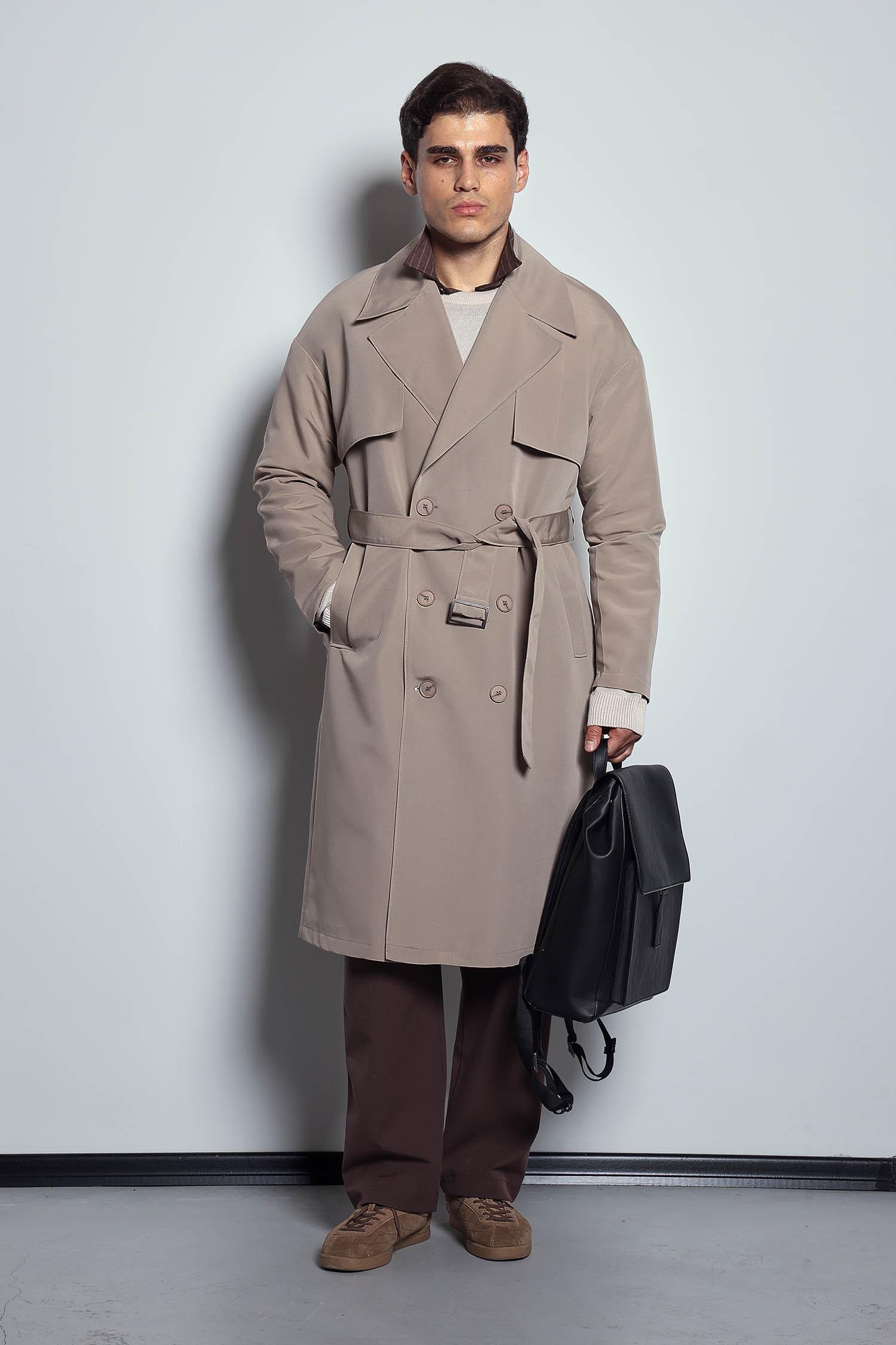 Erkek Oversize Kruvaze Kuşaklı Trençkot Bej