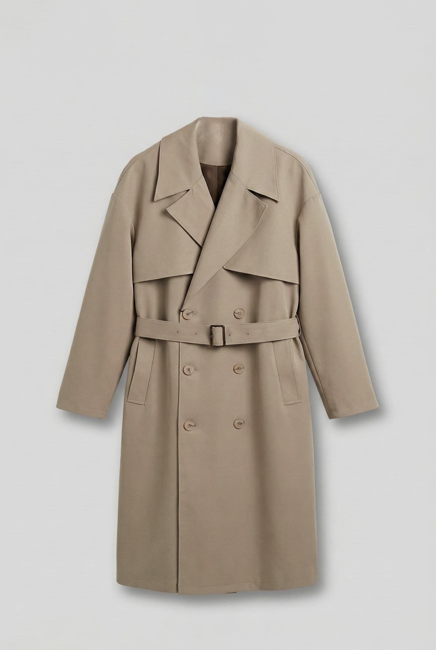 Erkek Oversize Kruvaze Kuşaklı Trençkot Bej