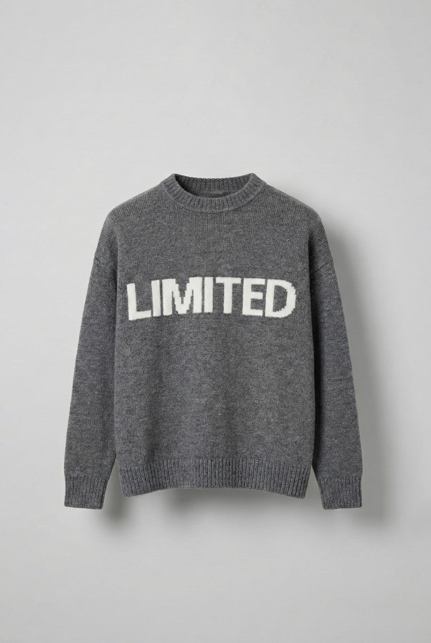 Erkek Oversize Limited Kabartma Baskılı Triko Kazak Füme