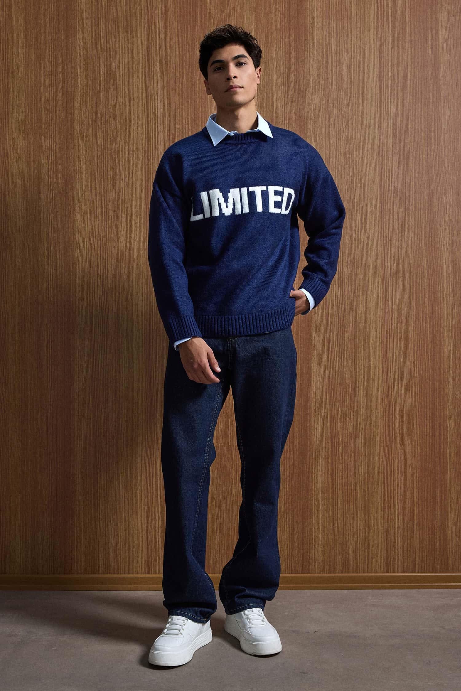 Erkek Oversize Limited Kabartma Baskılı Triko Kazak Lacivert