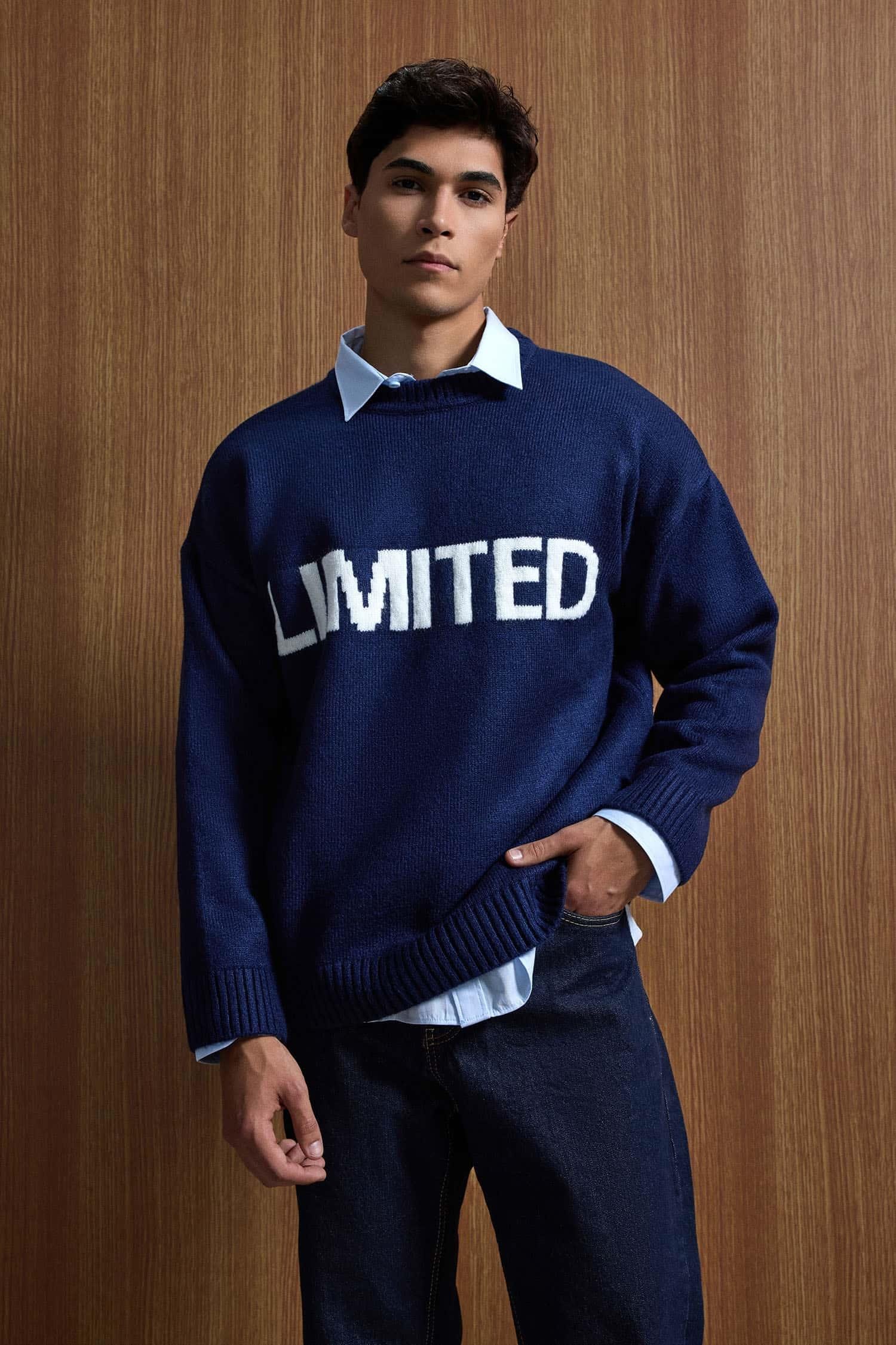 Erkek Oversize Limited Kabartma Baskılı Triko Kazak Lacivert