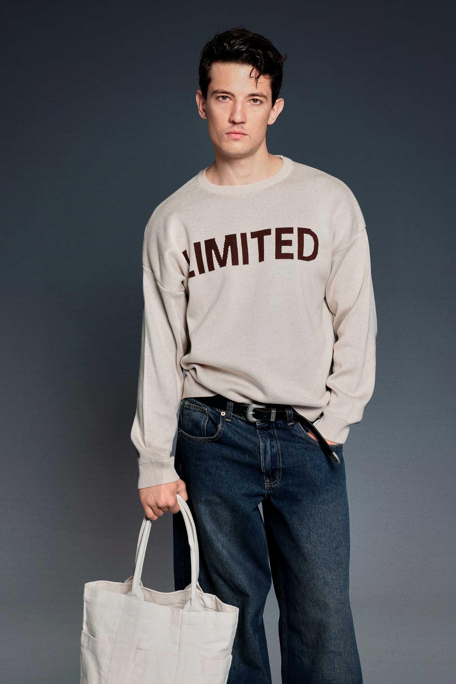 Erkek Oversize Limıted Yazılı Triko Kazak Taş Rengi