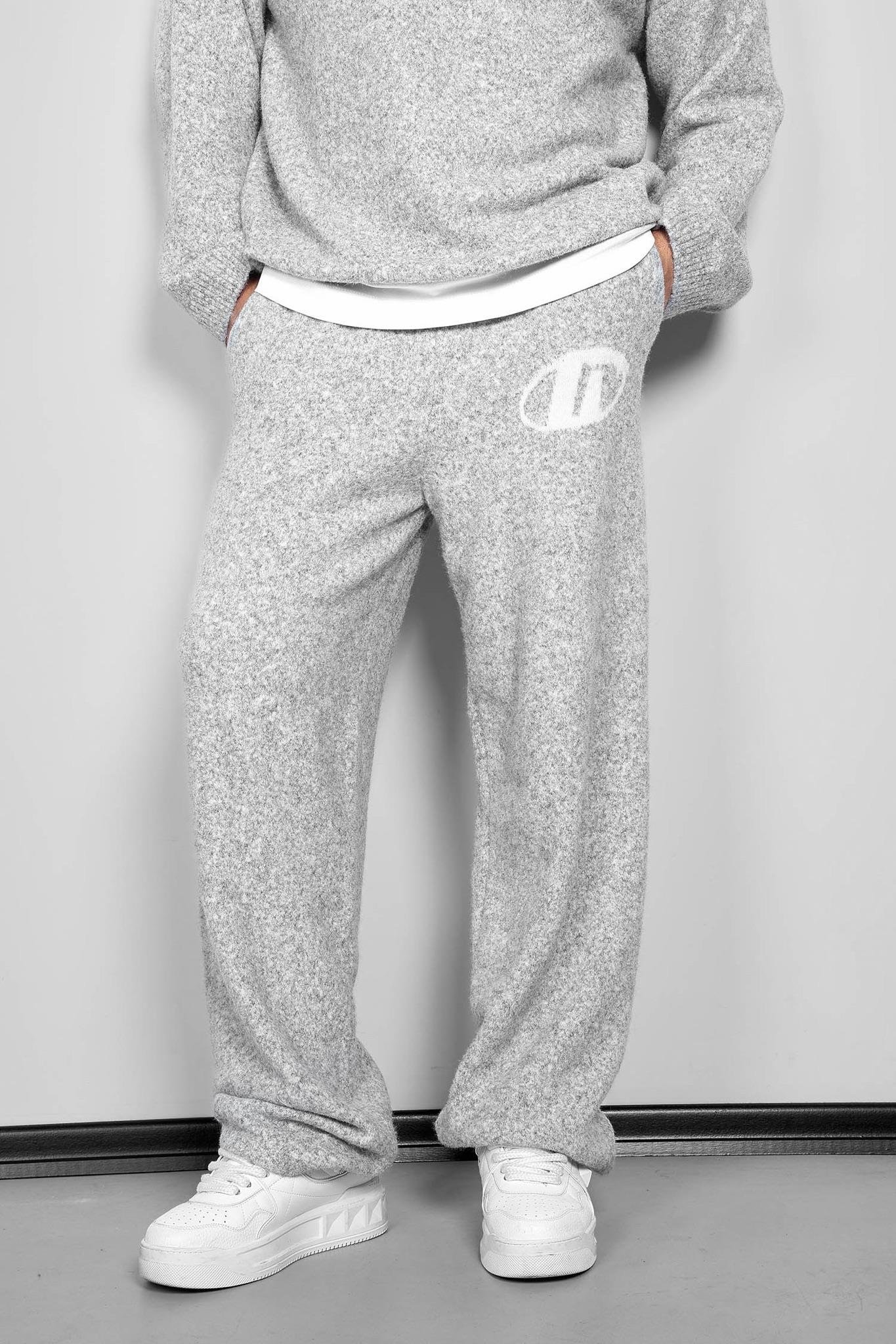 Erkek Oversize Logo Detaylı Tüylü Jogger Pantolon Gri