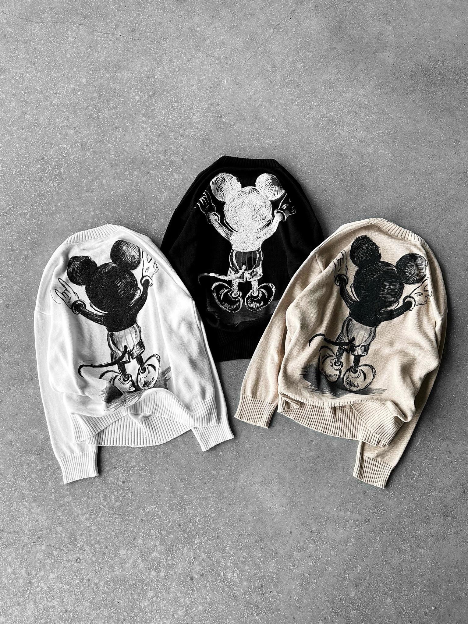Erkek Oversize Mickey Mouse Kabartma Baskılı Kazak Beyaz