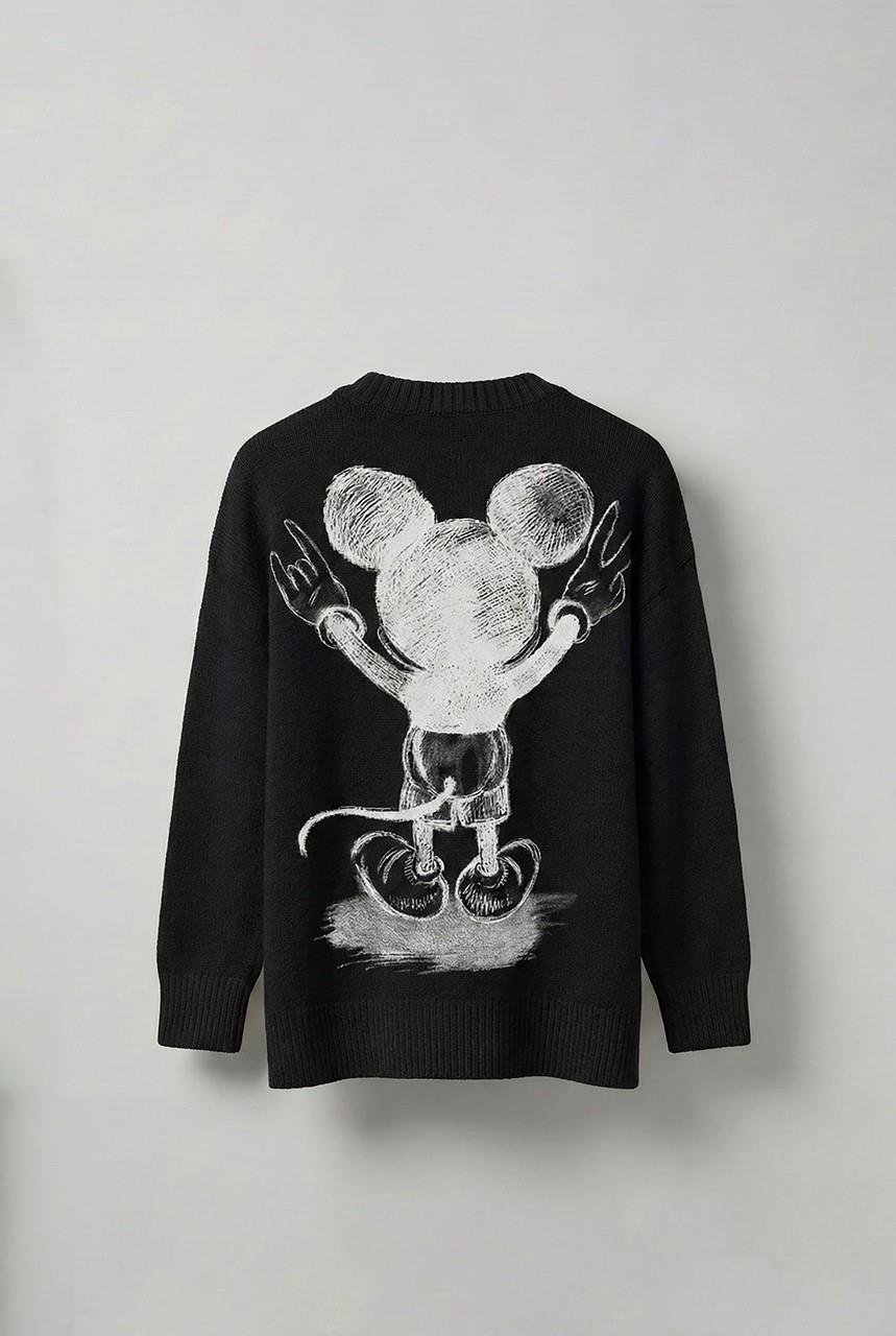 Erkek Oversize Mickey Mouse Kabartma Baskılı Kazak Siyah