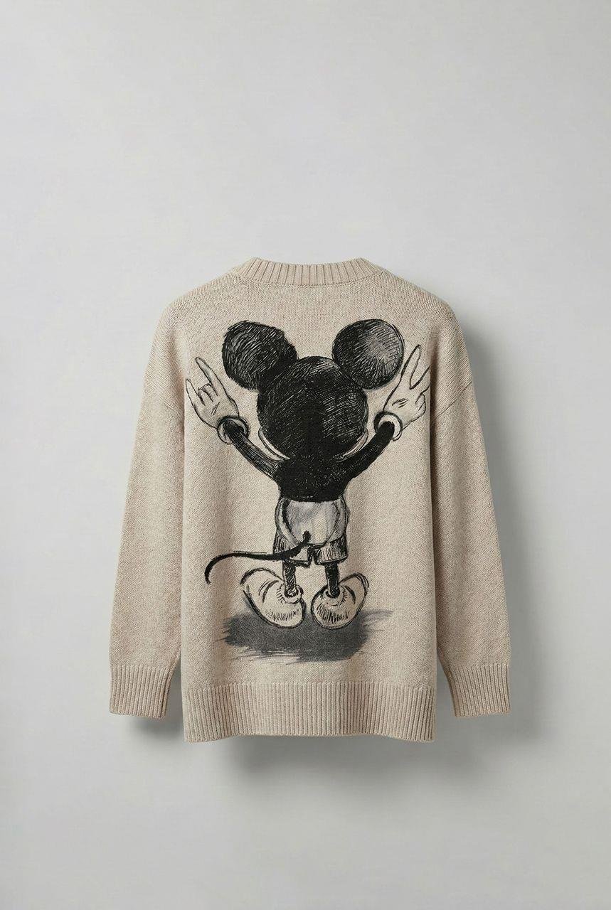 Erkek Oversize Mickey Mouse Kabartma Baskılı Kazak Bej