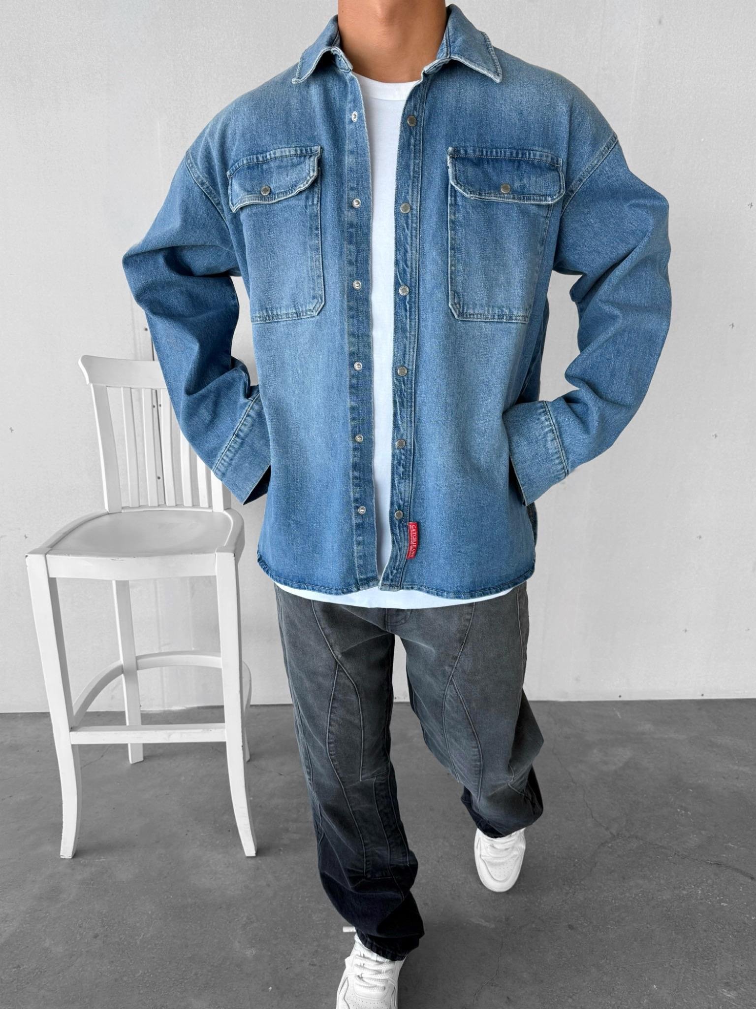 Erkek Oversize Önü Cepli Premium Denim Gömlek Mavi