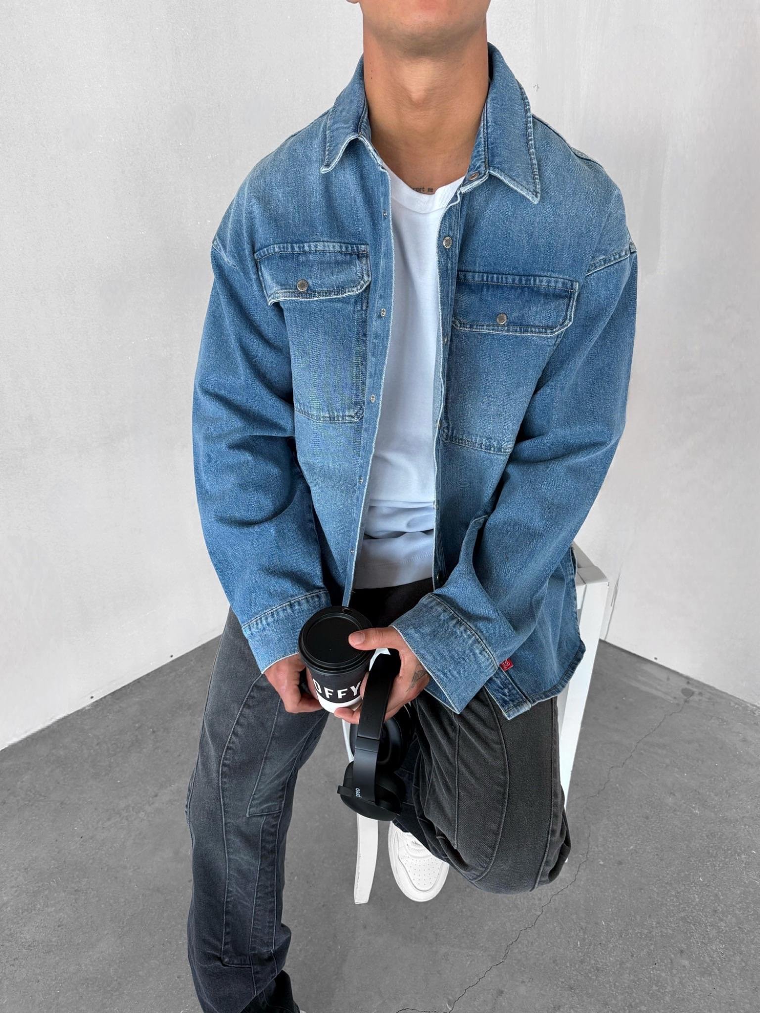 Erkek Oversize Önü Cepli Premium Denim Gömlek Mavi