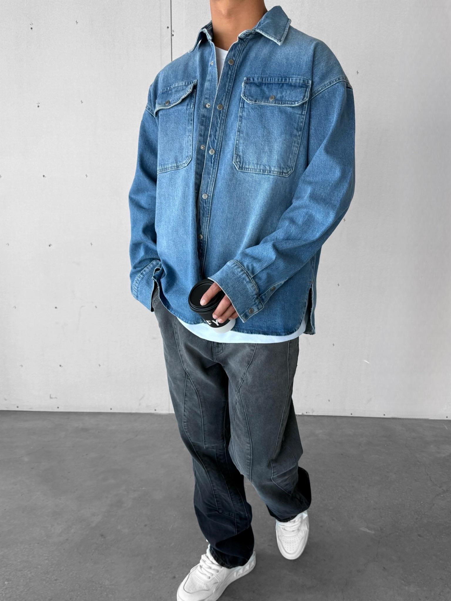 Erkek Oversize Önü Cepli Premium Denim Gömlek Mavi