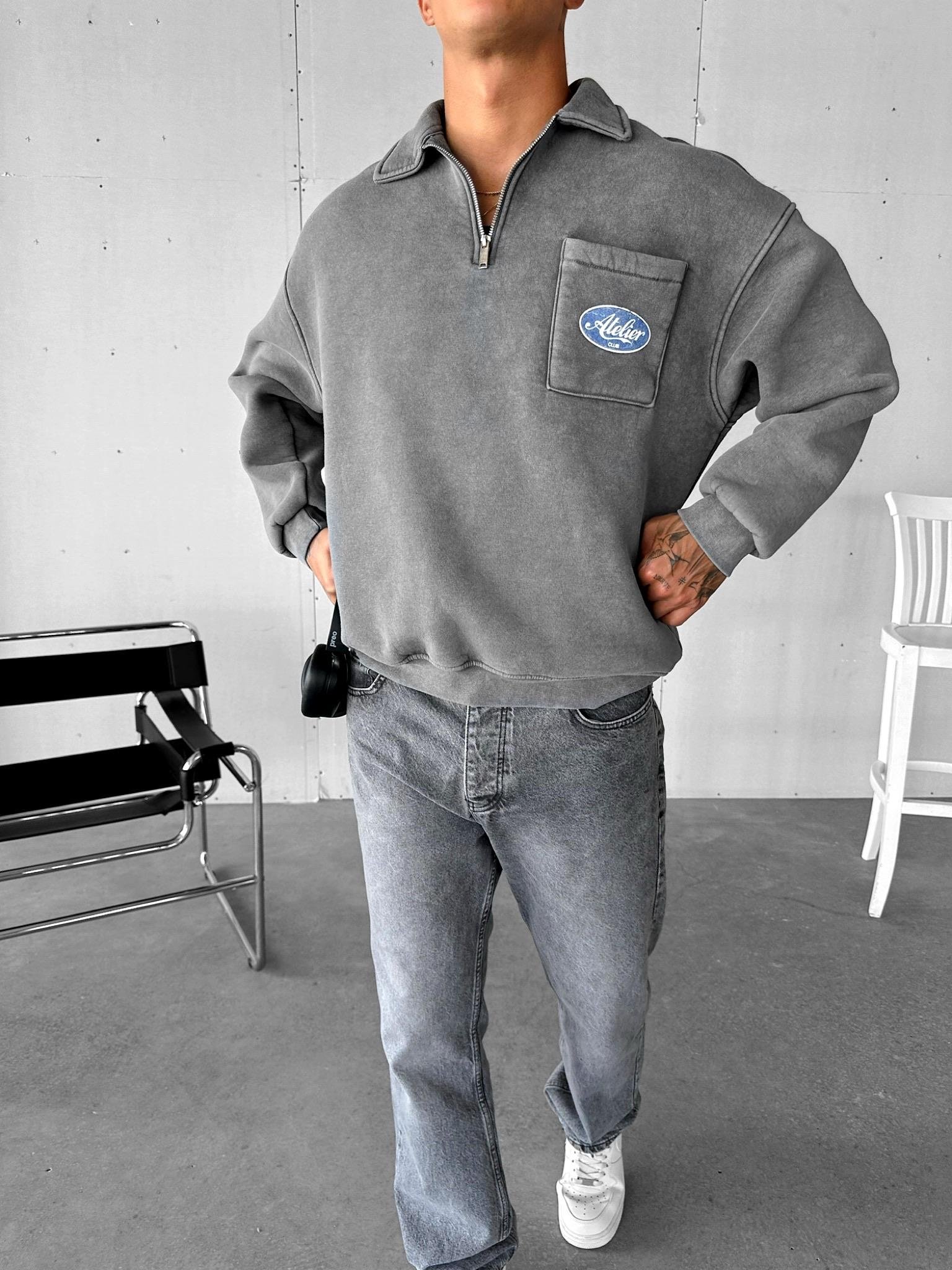 Erkek Oversize Önü Cepli Yarım Fermuarlı Sweatshirt Gri