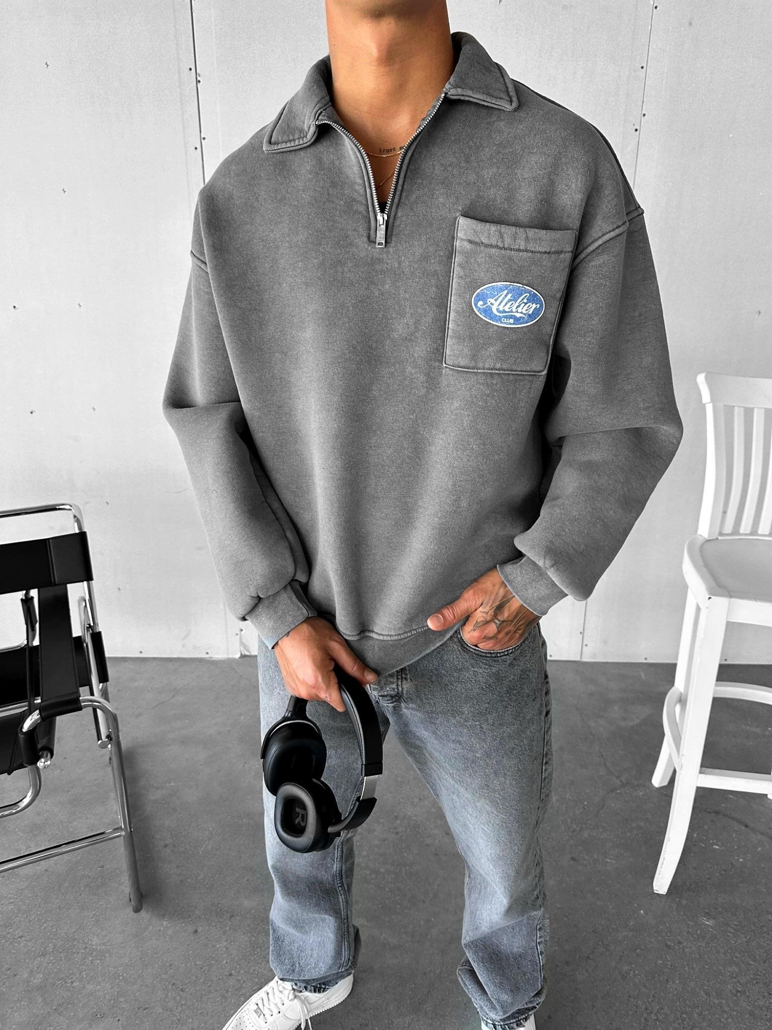 Erkek Oversize Önü Cepli Yarım Fermuarlı Sweatshirt Gri