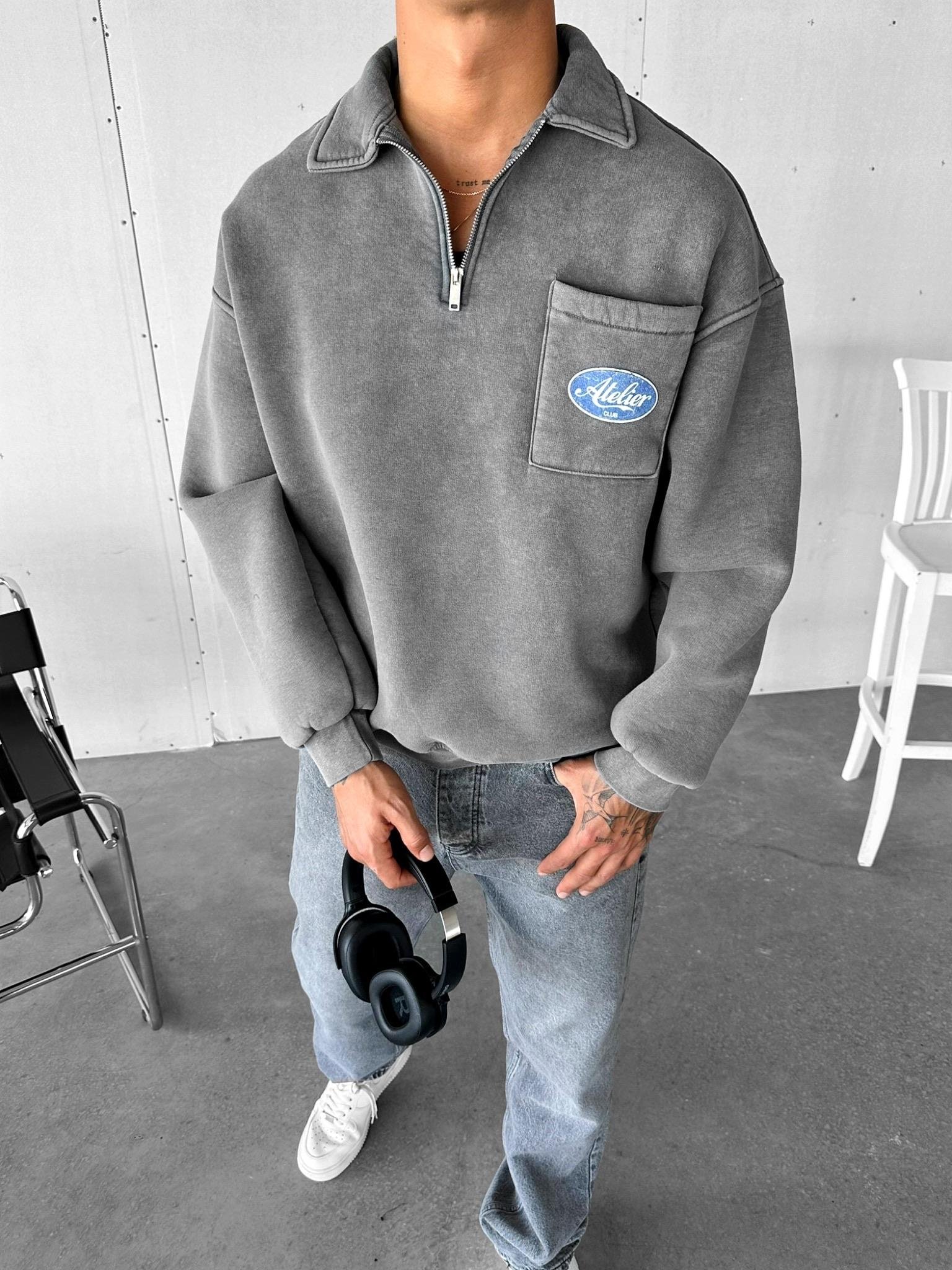 Erkek Oversize Önü Cepli Yarım Fermuarlı Sweatshirt Gri