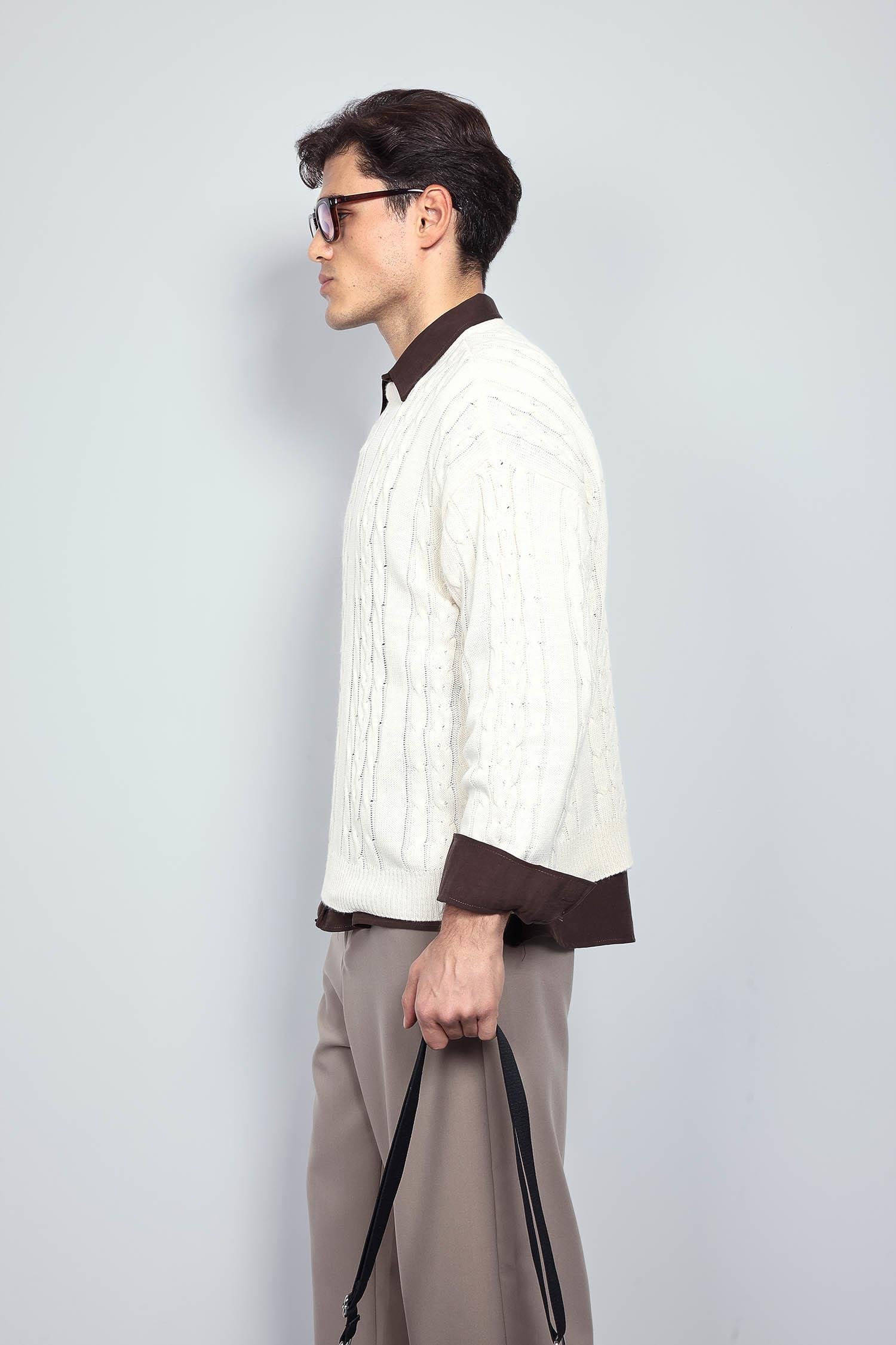 Erkek Oversize Örgü Desenli Triko Kazak Bej