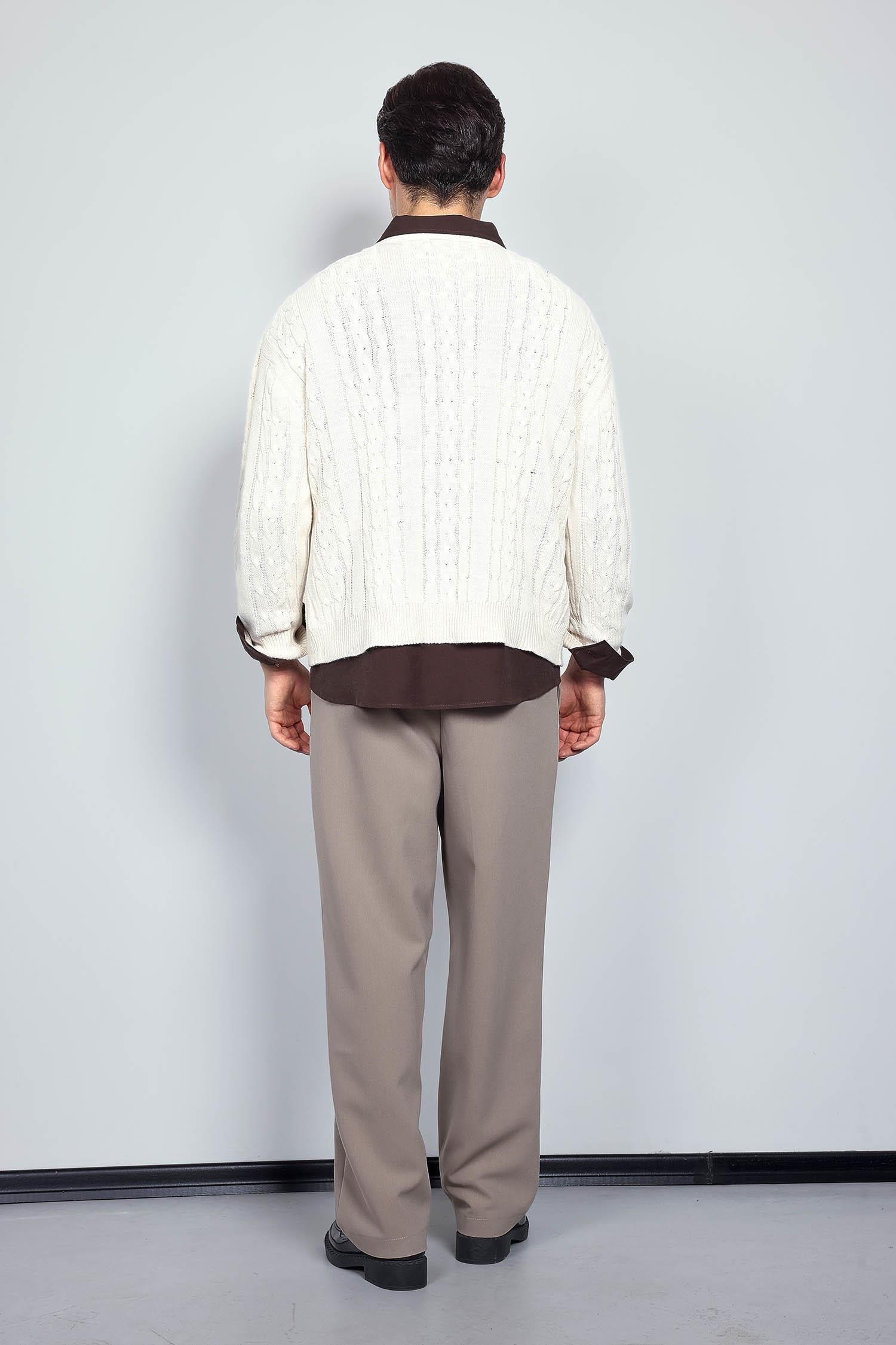 Erkek Oversize Örgü Desenli Triko Kazak Bej