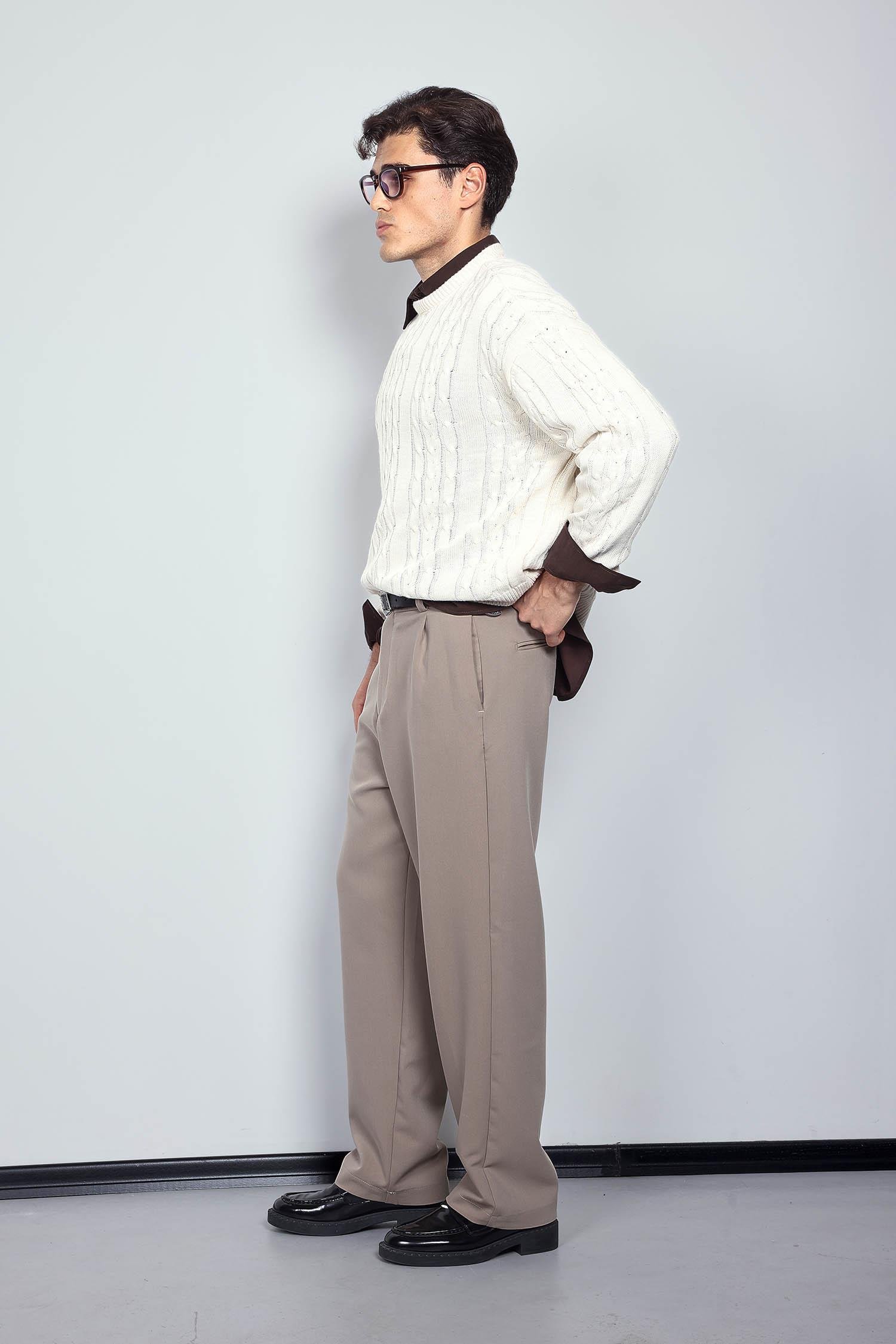 Erkek Oversize Örgü Desenli Triko Kazak Bej