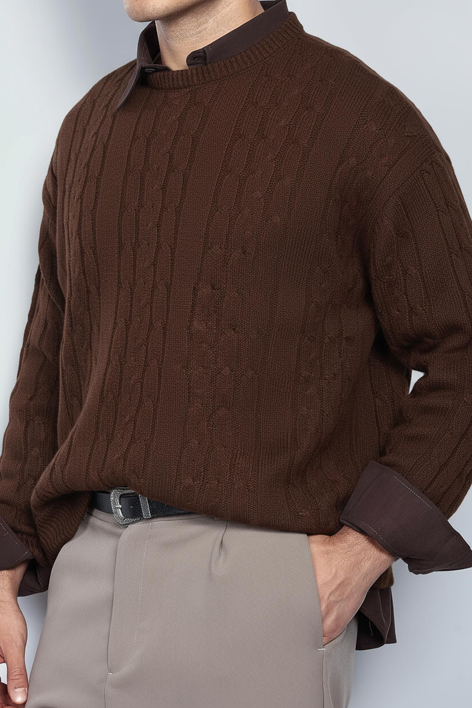 Erkek Oversize Örgü Desenli Triko Kazak Kahverengi