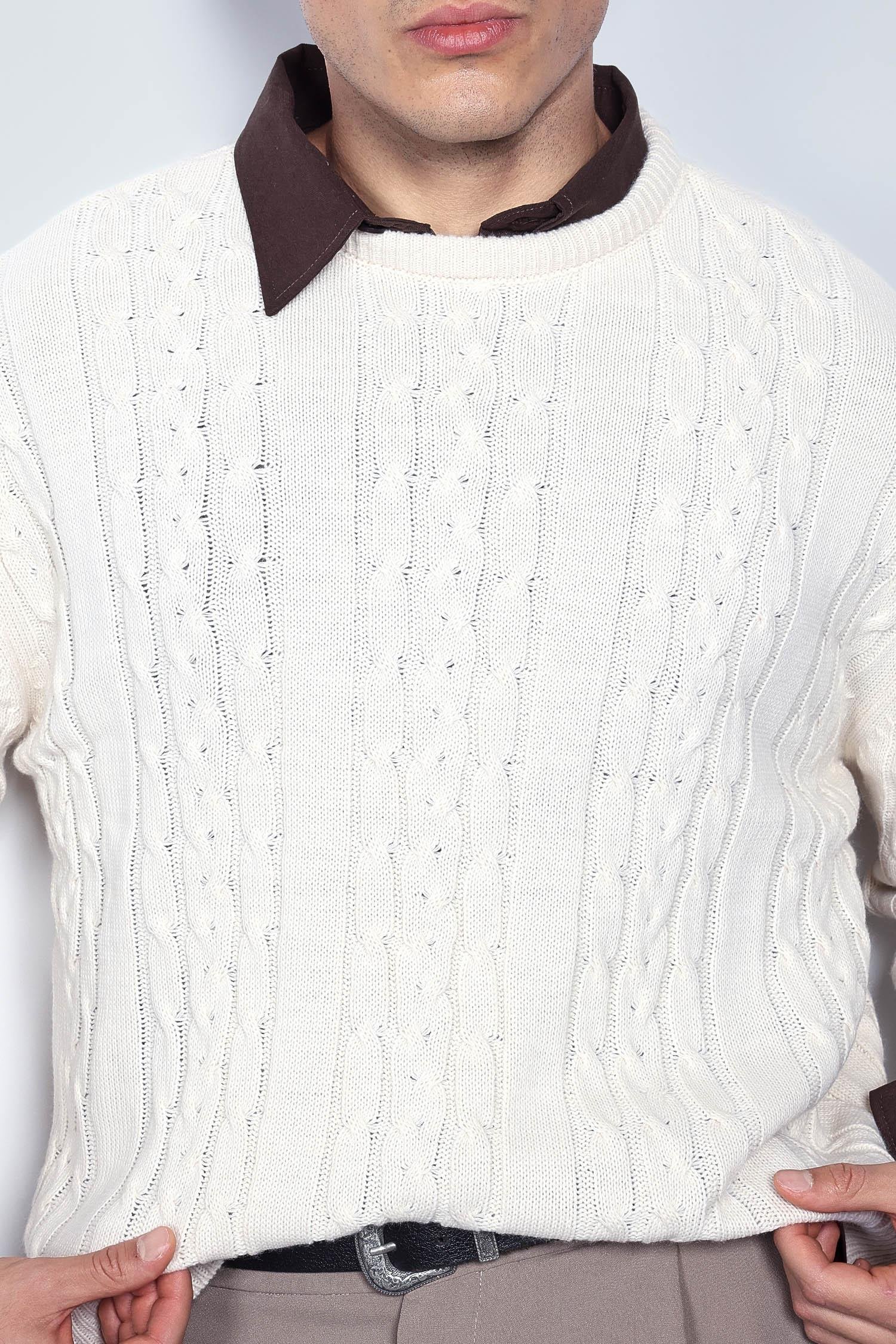 Erkek Oversize Örgü Desenli Triko Kazak Bej