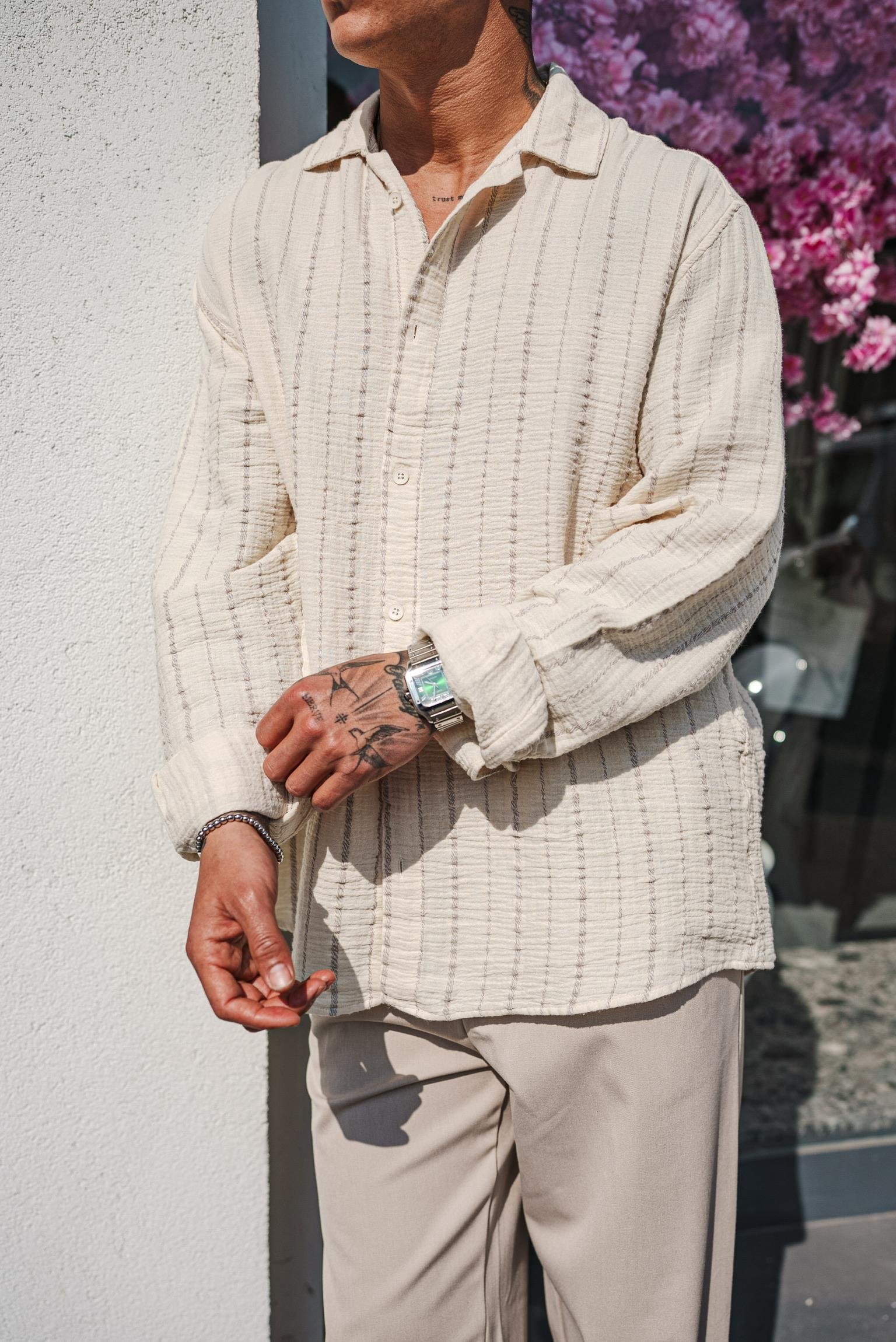 Erkek Oversize Pamuklu Yumuşak Dokulu Çizgili Gömlek Gri Bej