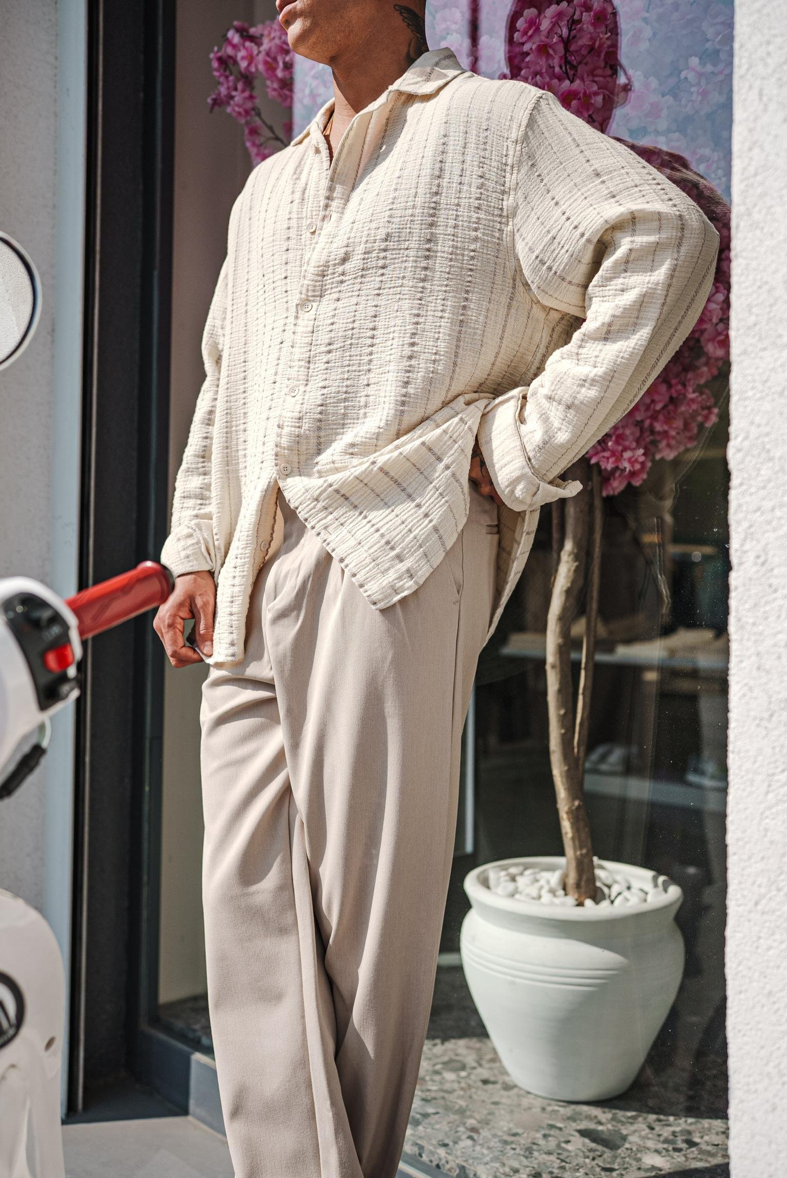 Erkek Oversize Pamuklu Yumuşak Dokulu Çizgili Gömlek Gri Bej