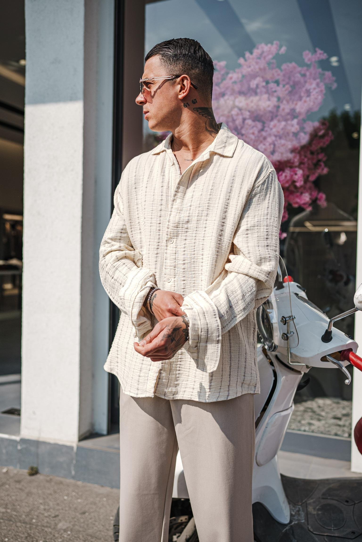 Erkek Oversize Pamuklu Yumuşak Dokulu Çizgili Gömlek Gri Bej