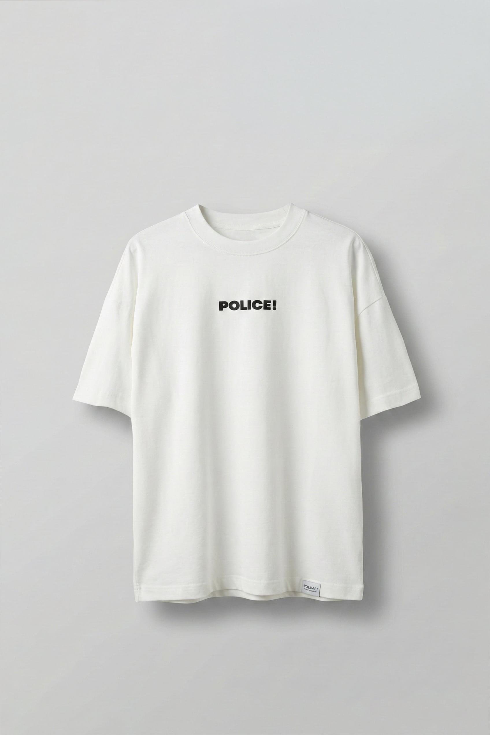 Erkek Oversize 'Police!' Baskılı İki İplik T-Shirt Beyaz