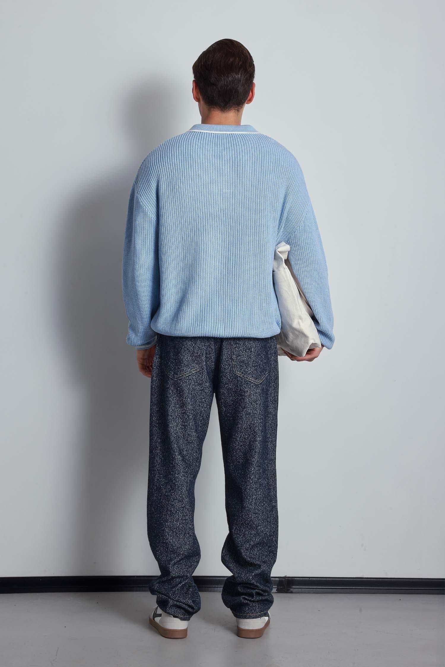 Erkek Oversize Polo Yaka Kontrast Detaylı Triko Kazak Açık Mavi