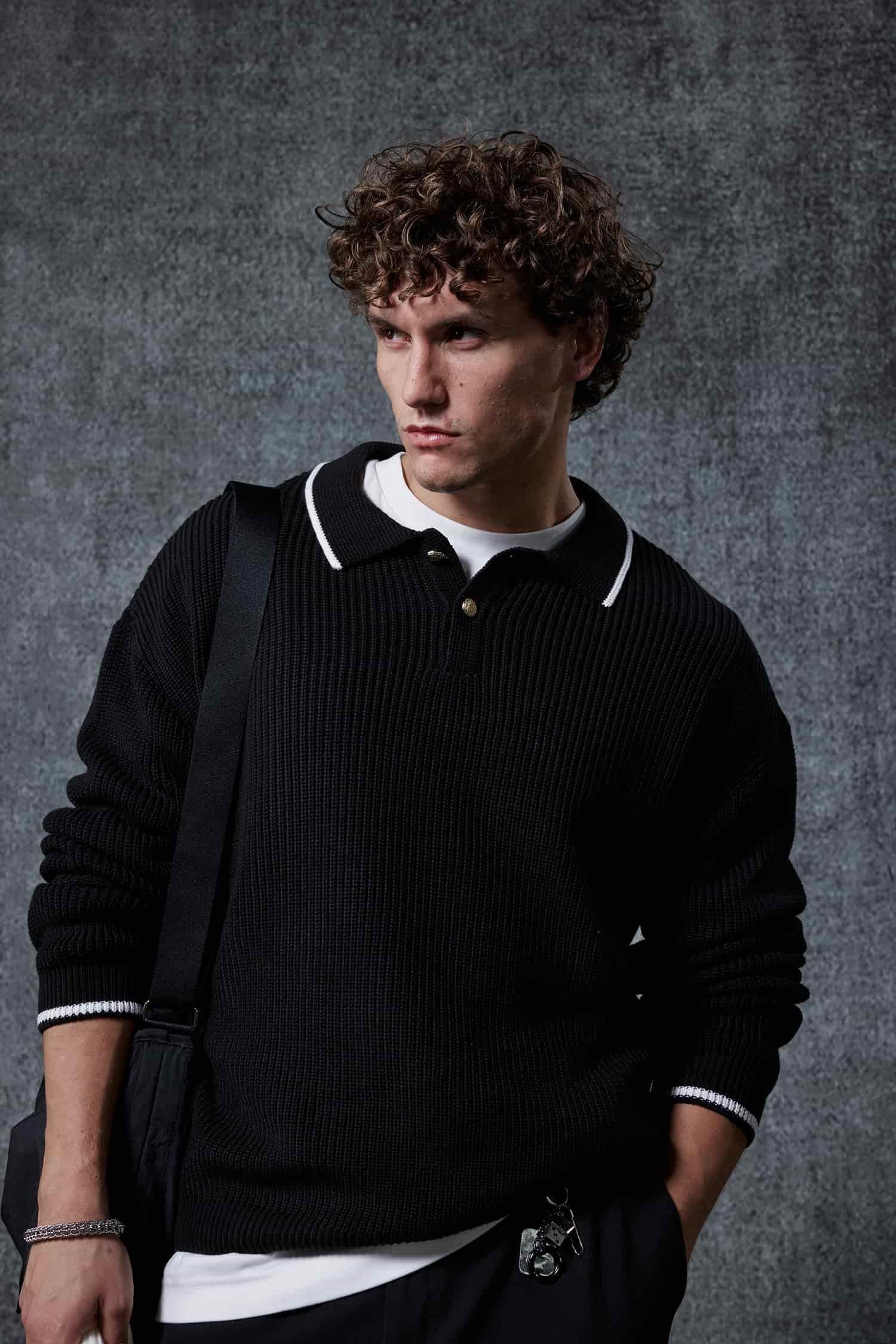 Erkek Oversize Polo Yaka Kontrast Detaylı Triko Kazak Siyah