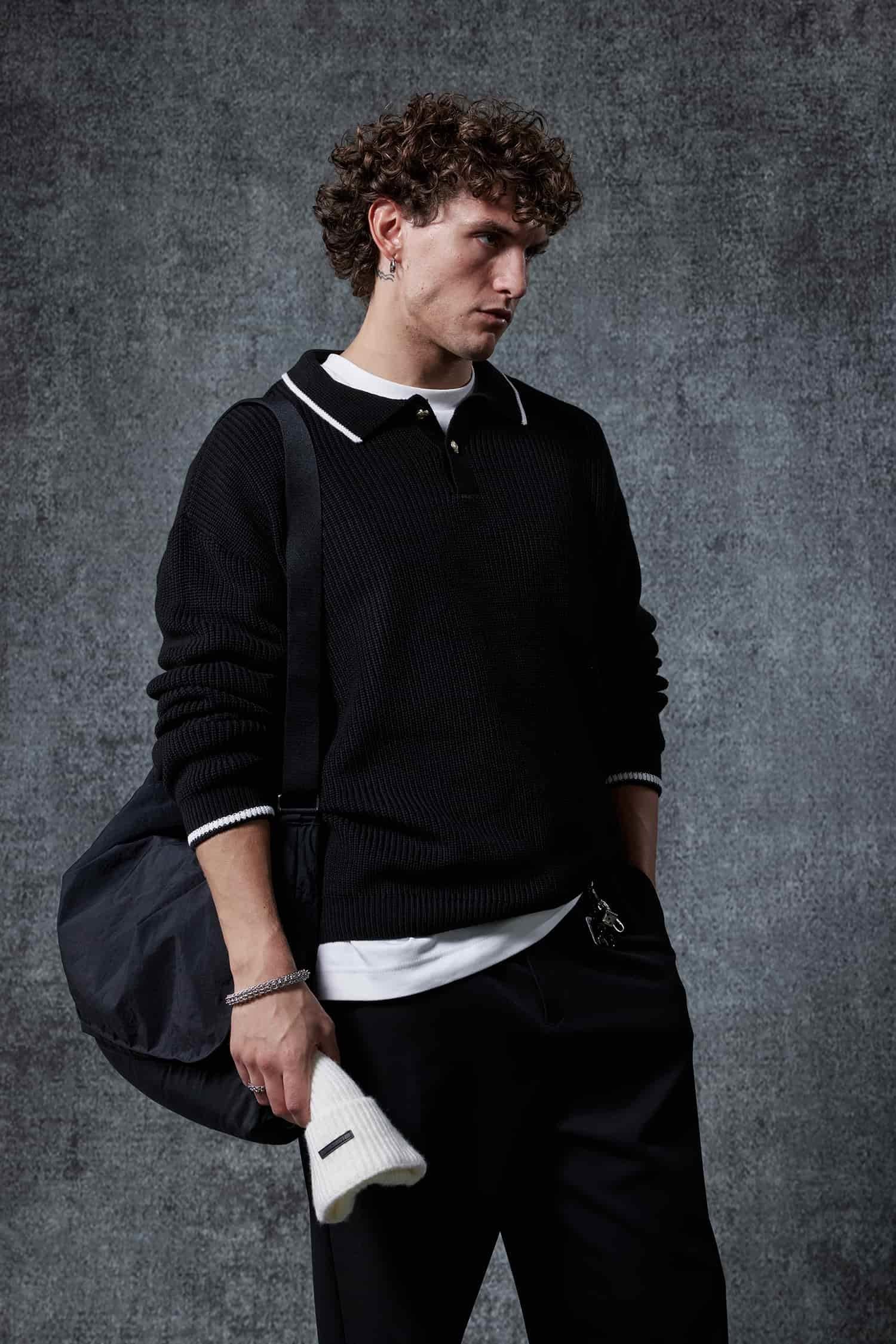 Erkek Oversize Polo Yaka Kontrast Detaylı Triko Kazak Siyah