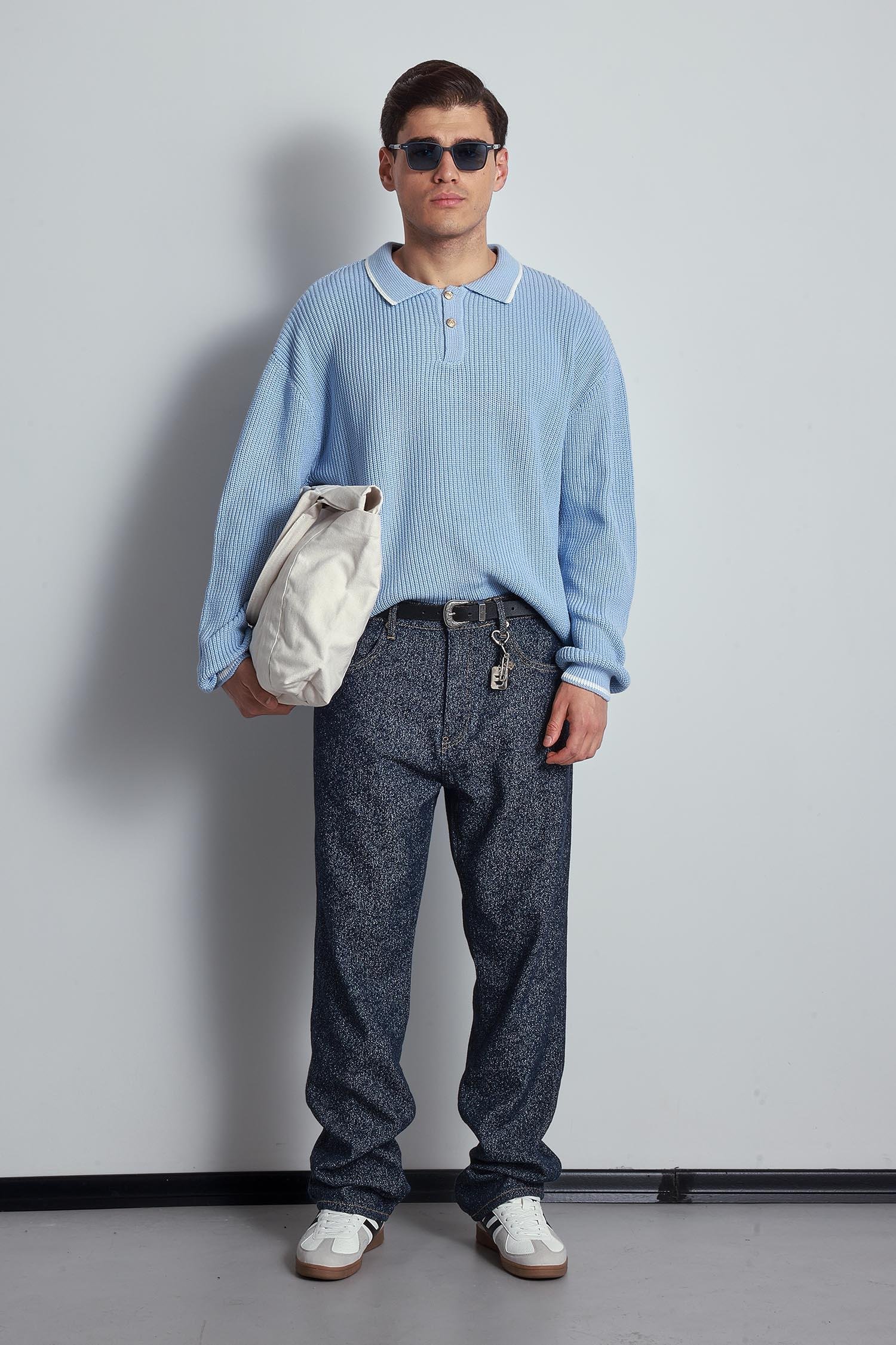 Erkek Oversize Polo Yaka Kontrast Detaylı Triko Kazak Açık Mavi