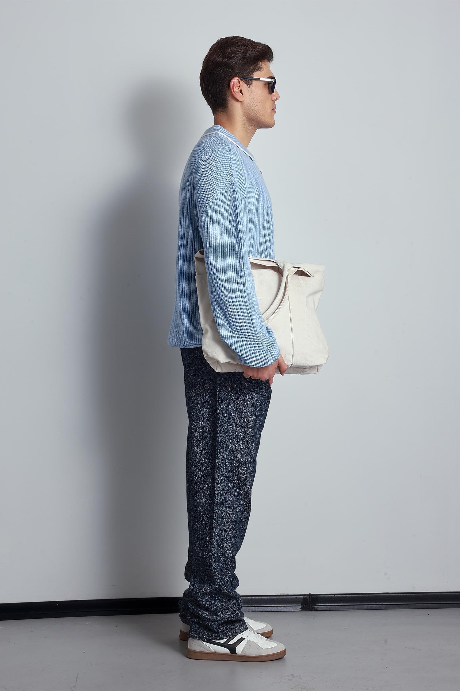 Erkek Oversize Polo Yaka Kontrast Detaylı Triko Kazak Açık Mavi