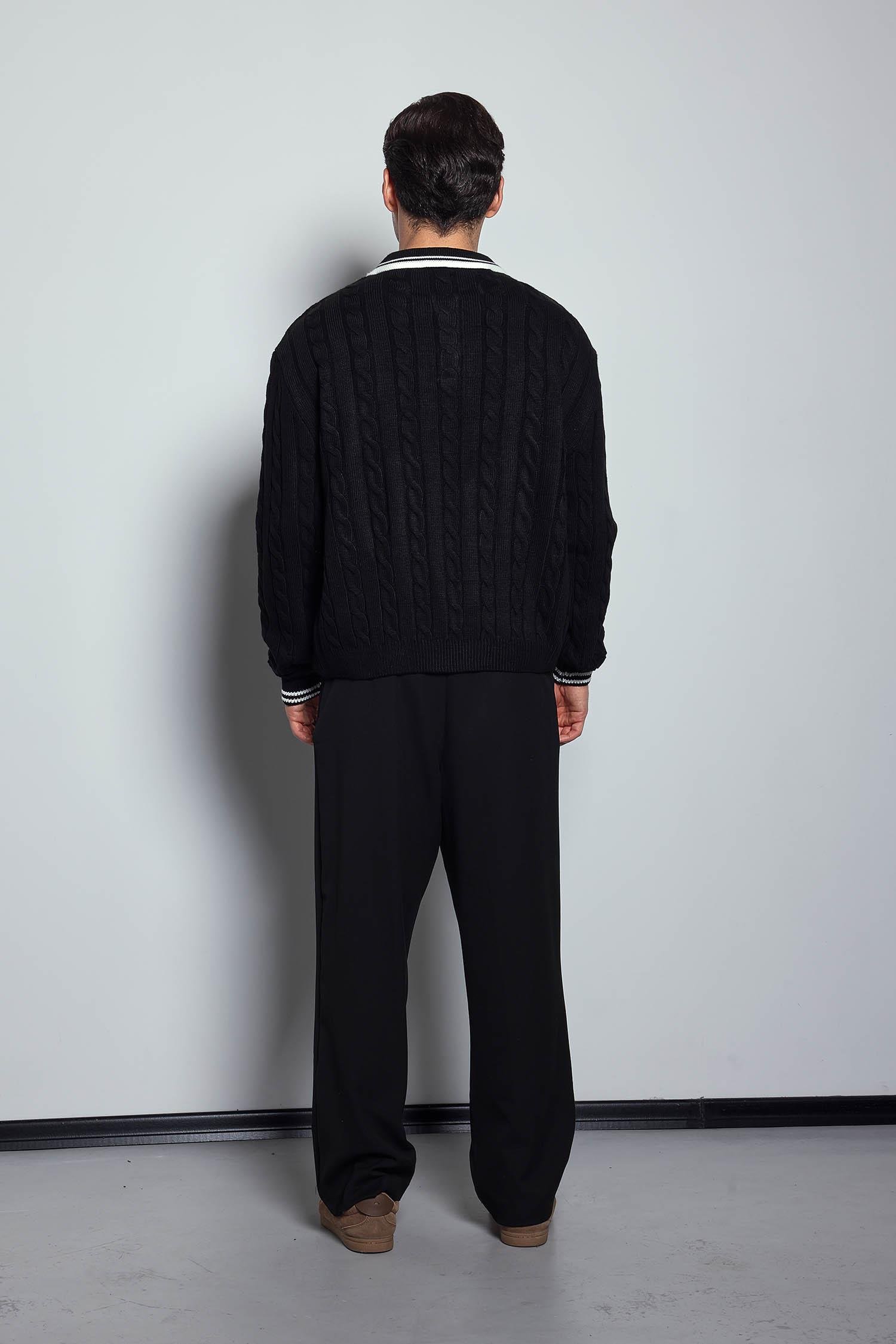 Erkek Oversize Polo Yaka Örgü Desenli Triko Kazak Siyah