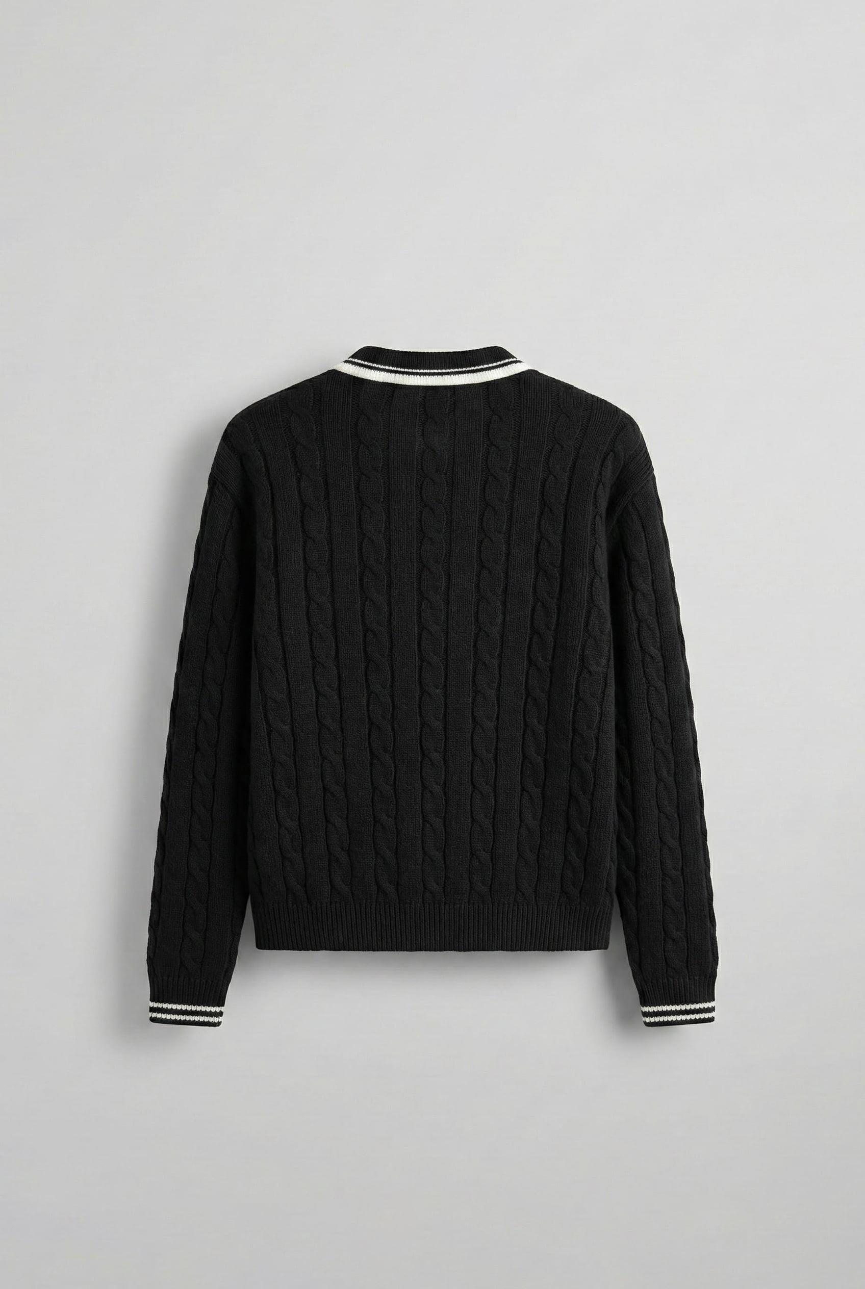 Erkek Oversize Polo Yaka Örgü Desenli Triko Kazak Siyah