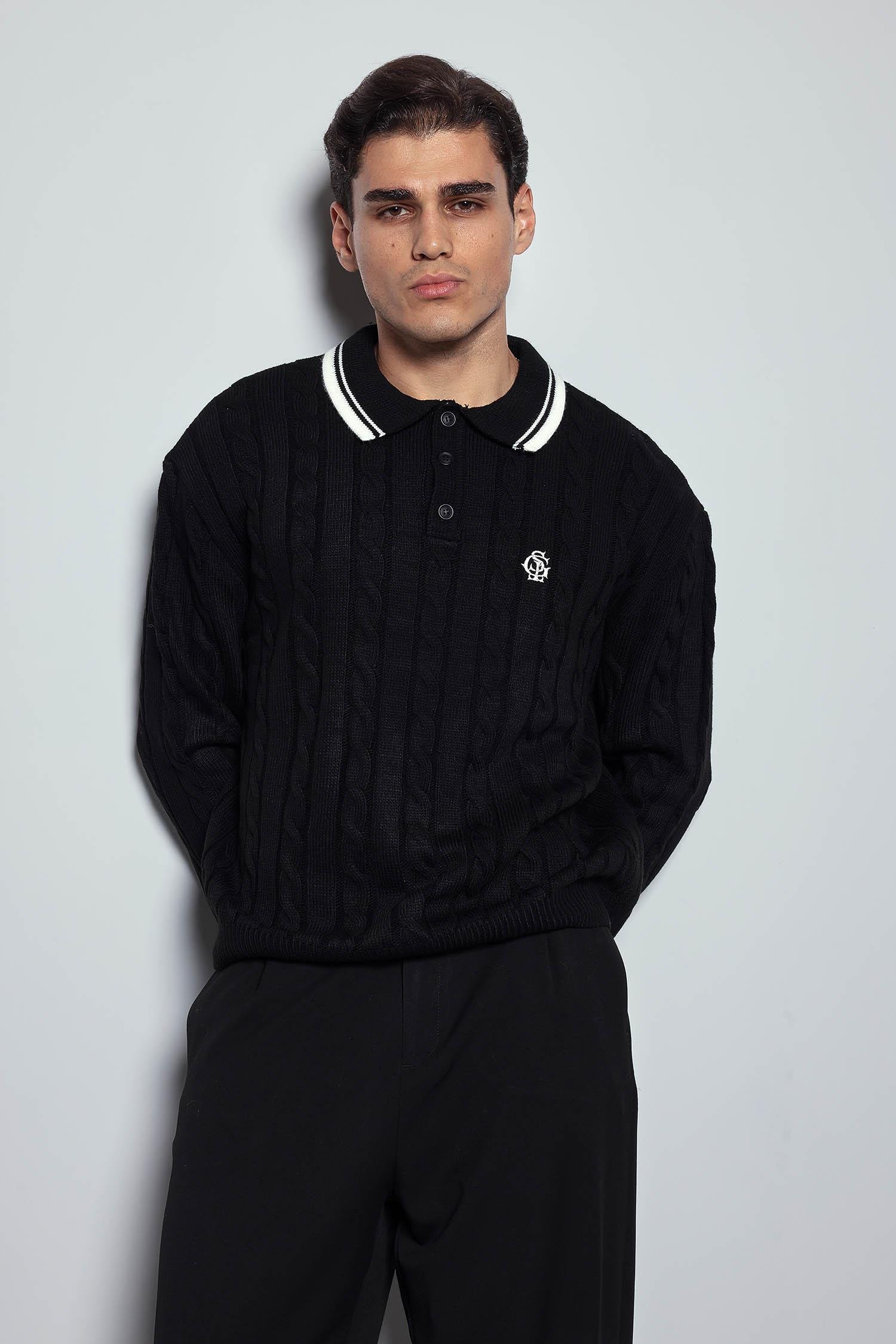 Erkek Oversize Polo Yaka Örgü Desenli Triko Kazak Siyah