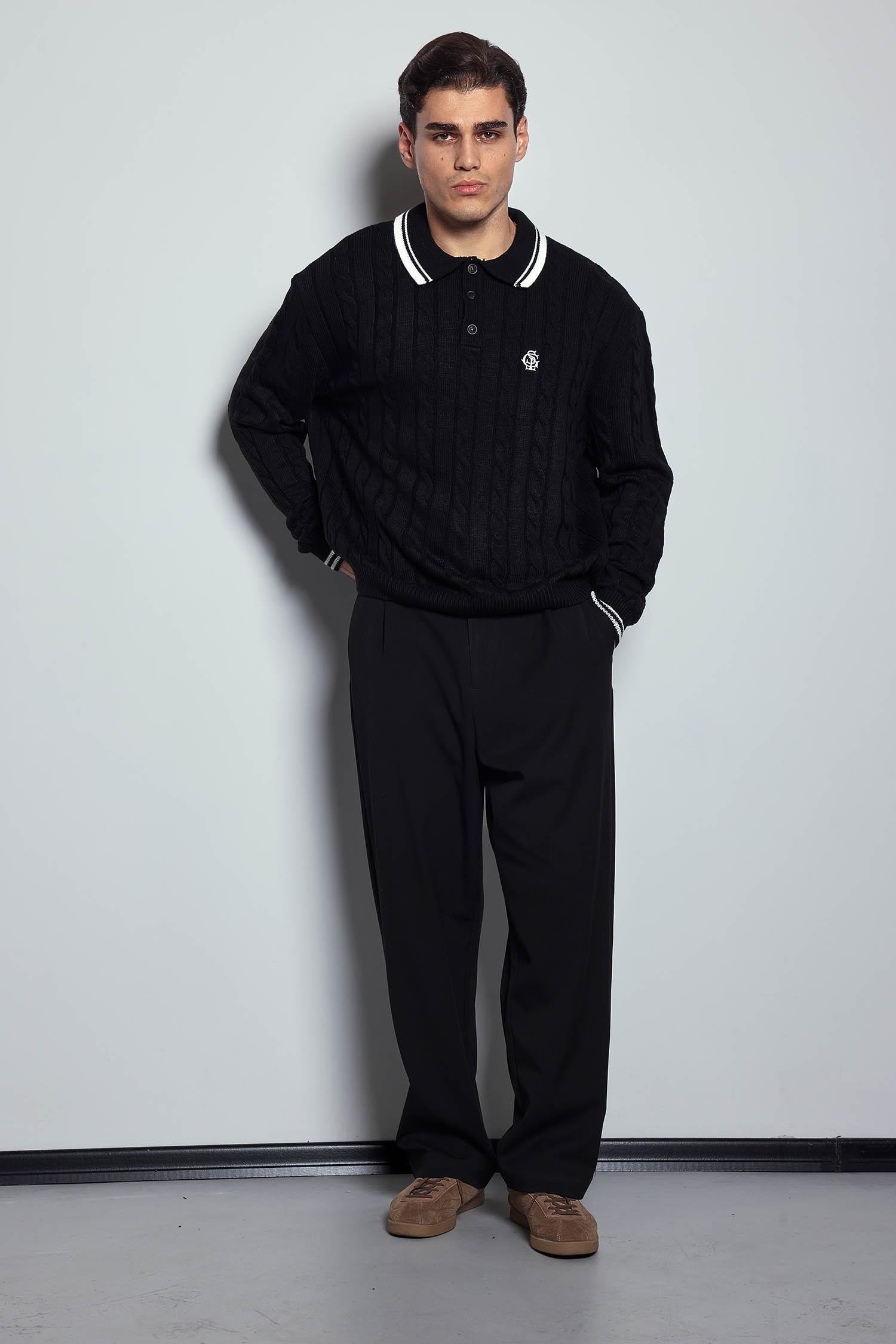 Erkek Oversize Polo Yaka Örgü Desenli Triko Kazak Siyah