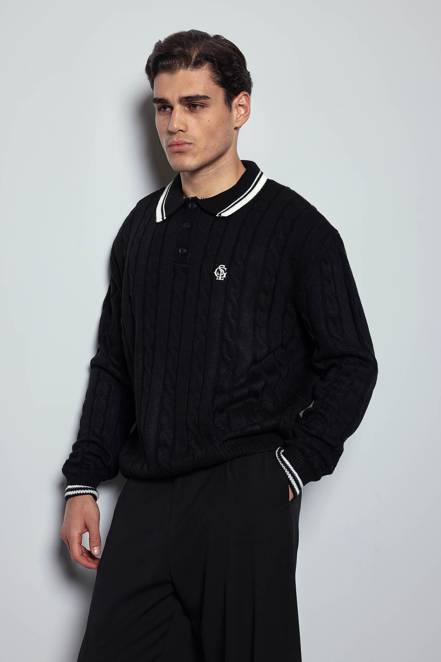 Erkek Oversize Polo Yaka Örgü Desenli Triko Kazak Siyah